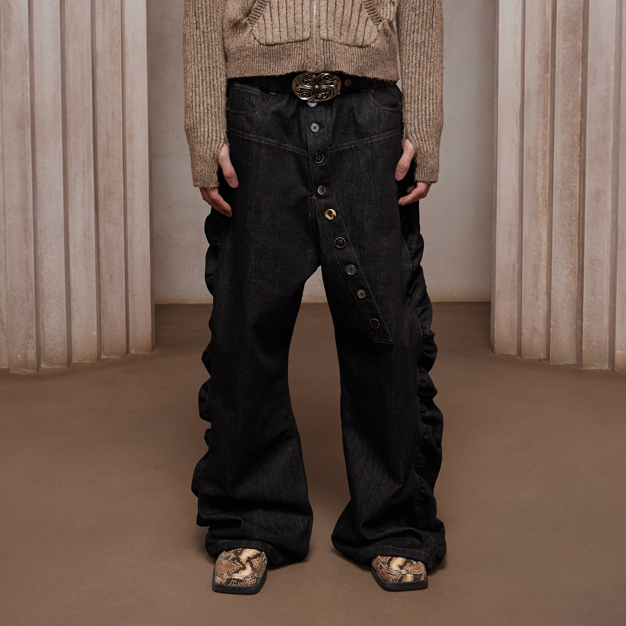 DND4DES Asym Button-Fly Ruched Baggy Jeans