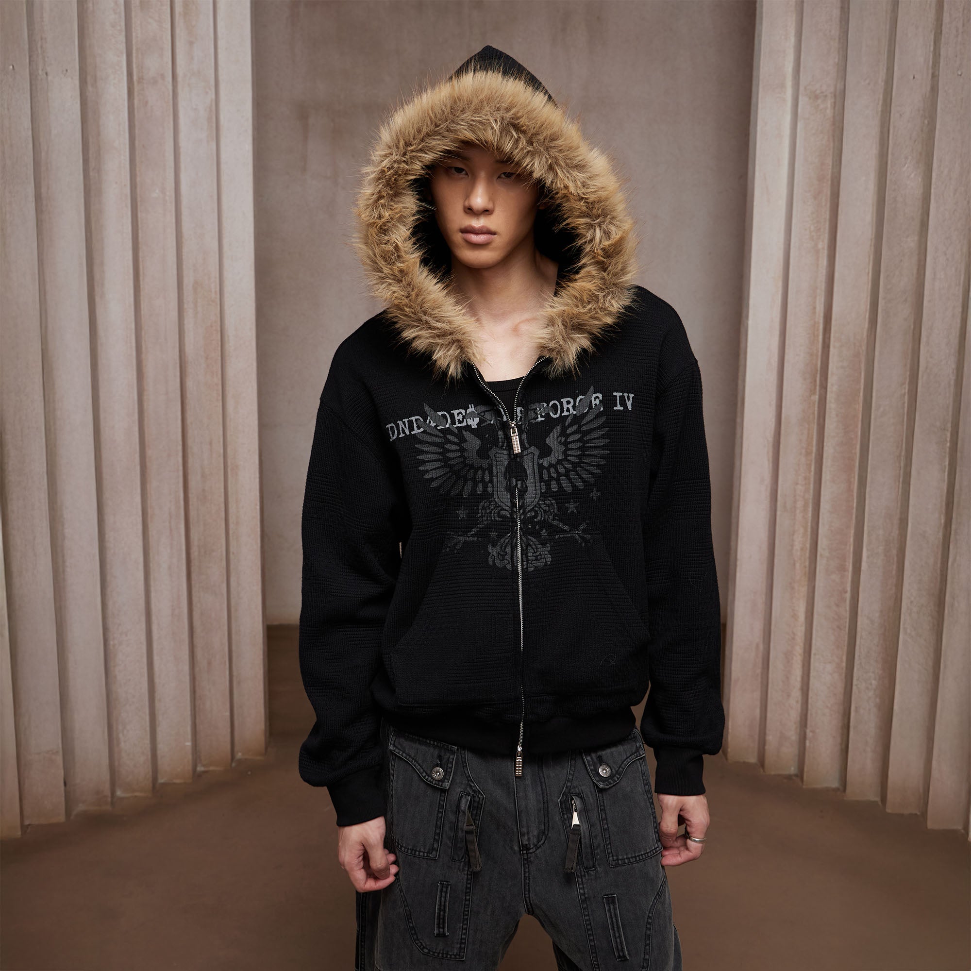 DND4DES Detachable Faux Fur Trim Hooded Jacket