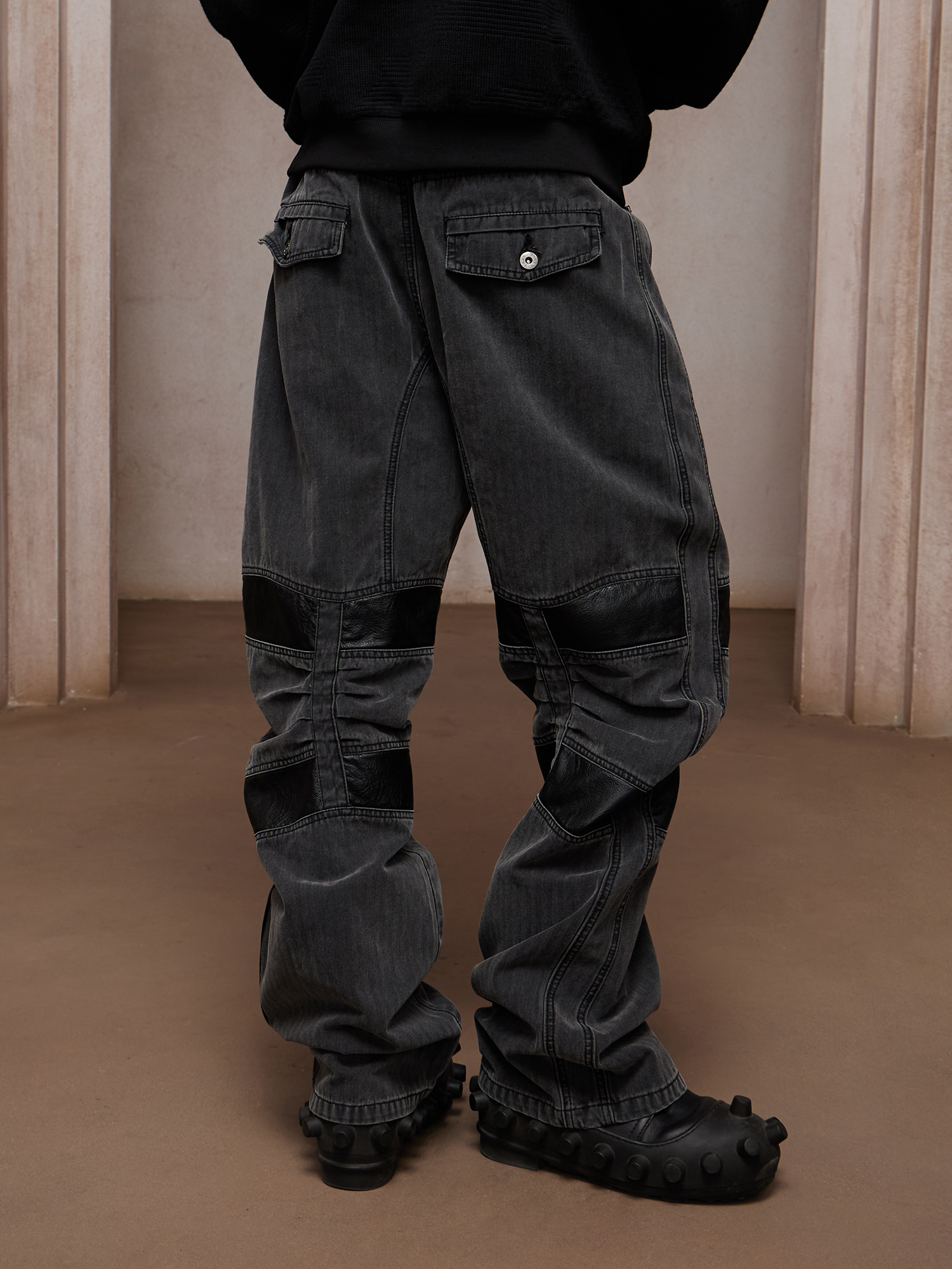 DND4DES Washed Paneled Strap-Tacked Jeans