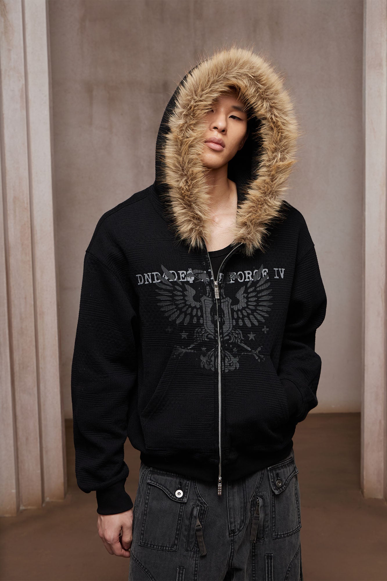 DND4DES Detachable Faux Fur Trim Hooded Jacket