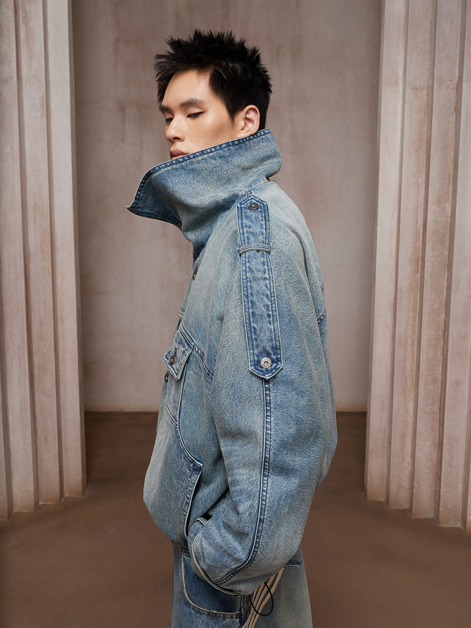 DND4DES Washed Double-Breasted Multi-Pocket Denim Bomber