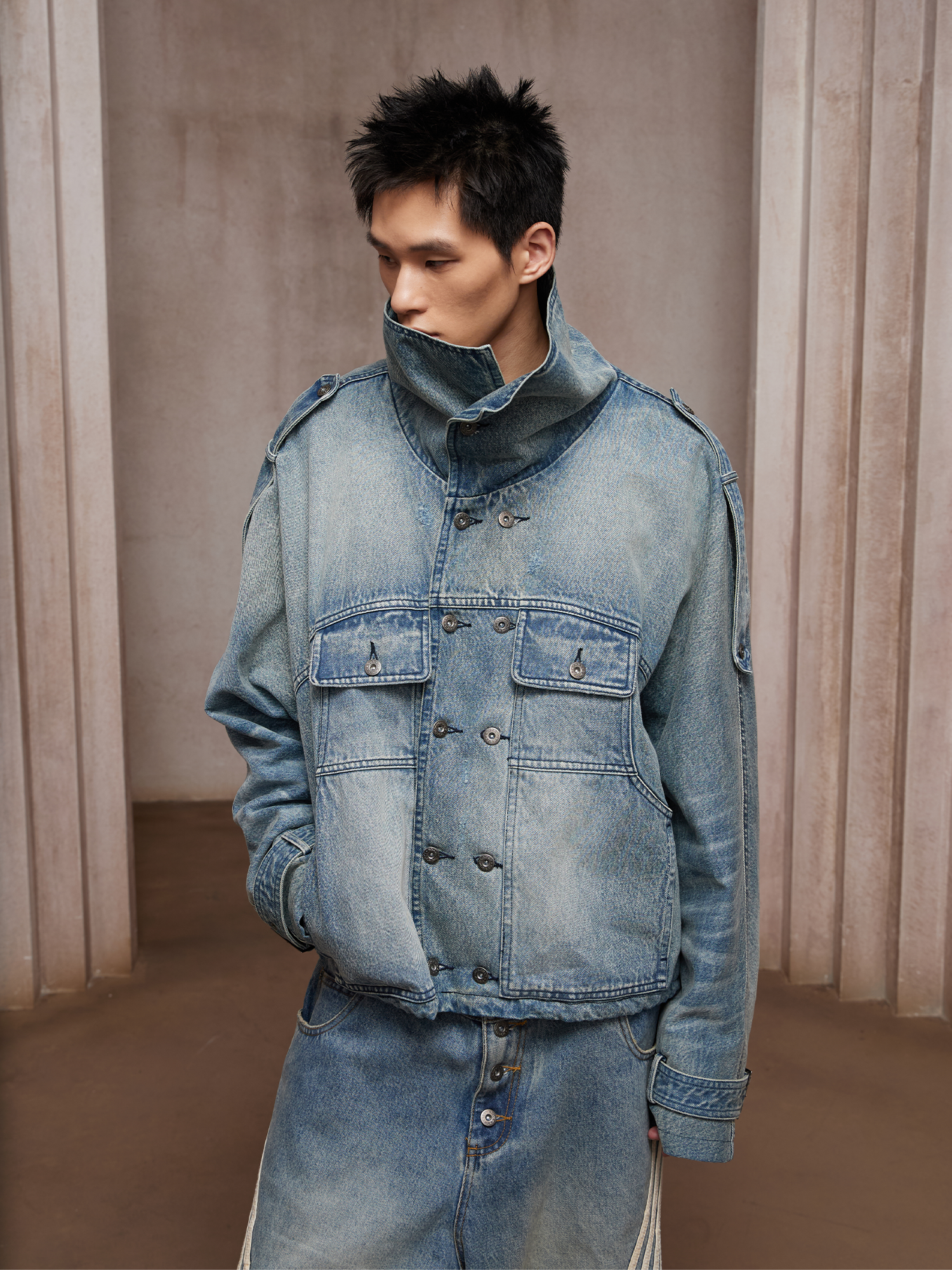 DND4DES Washed Double-Breasted Multi-Pocket Denim Bomber