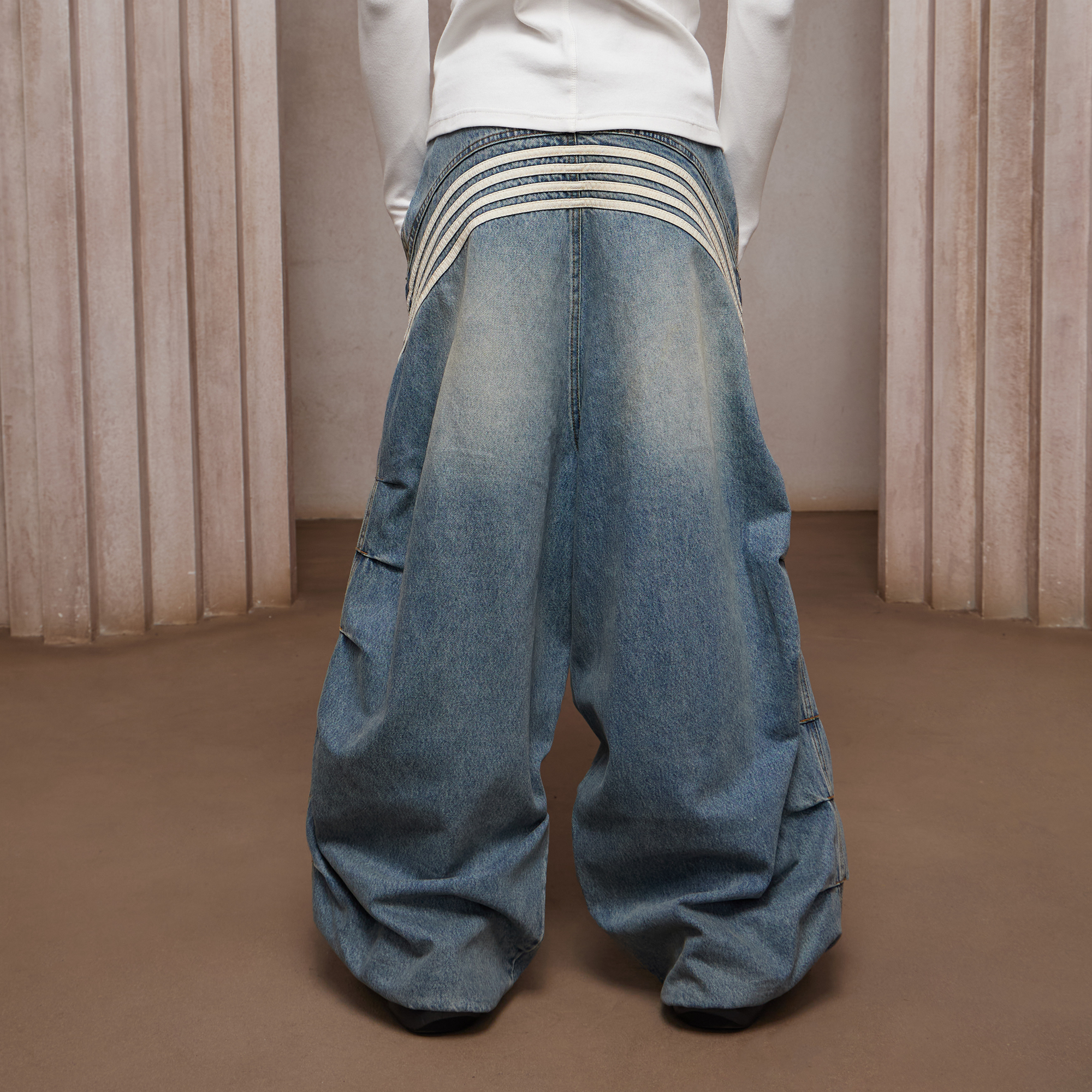 DND4DES Washed Ruched Striped Baggy Jeans