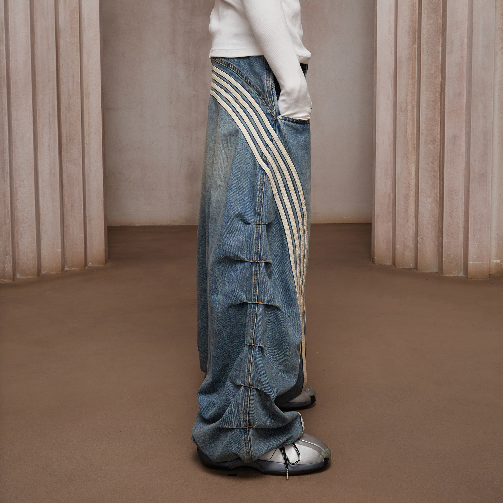 DND4DES Washed Ruched Striped Baggy Jeans