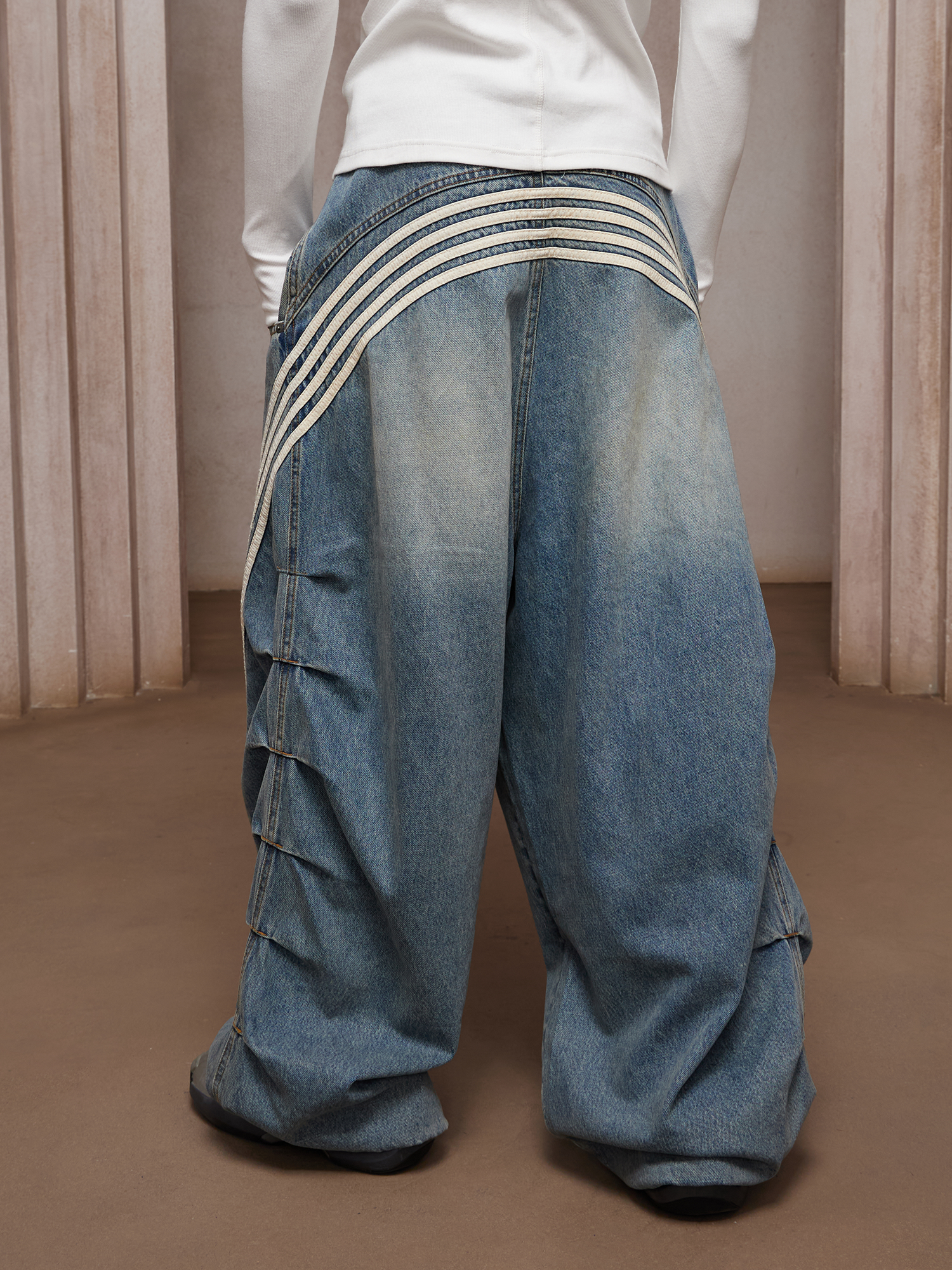 DND4DES Washed Ruched Striped Baggy Jeans
