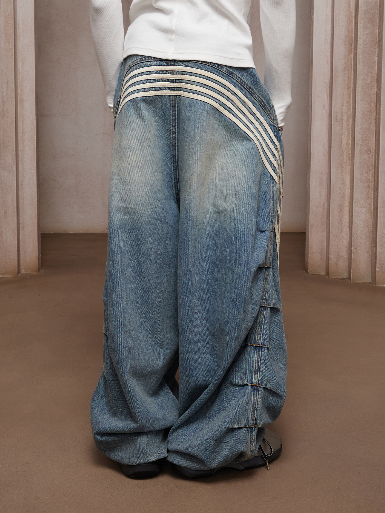DND4DES Washed Ruched Striped Baggy Jeans
