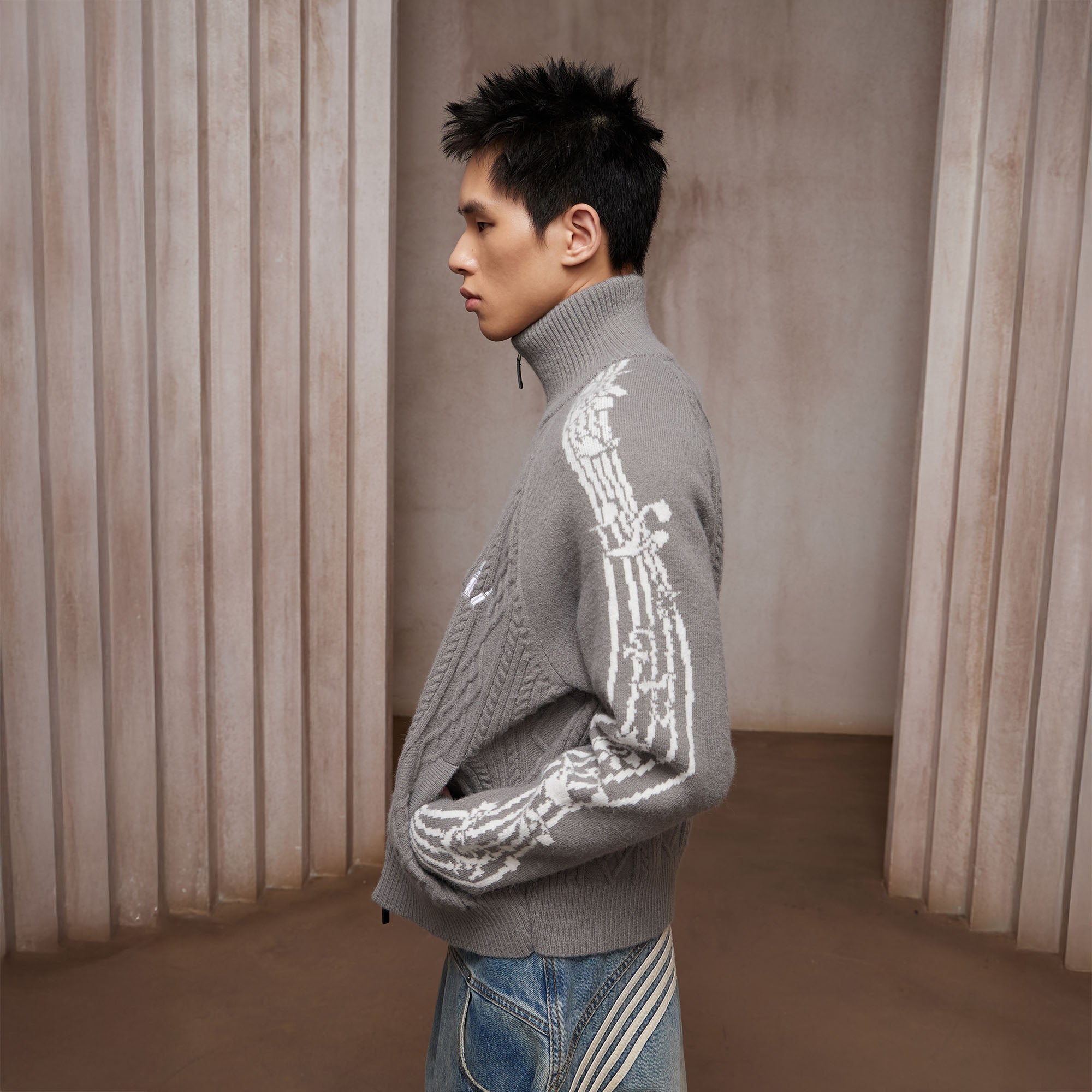 DND4DES Cable-Knit Music Stripes Zip Cardigan