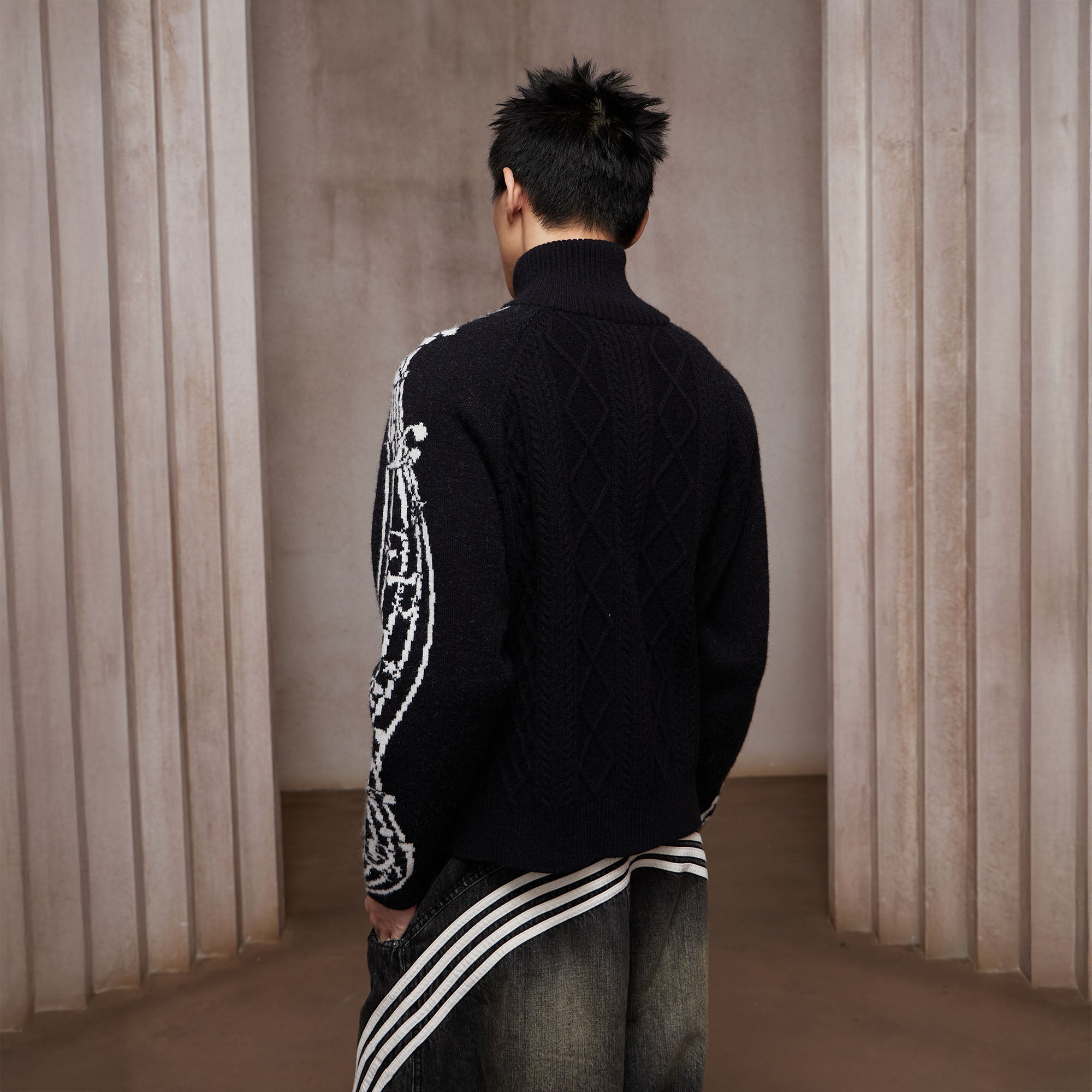 DND4DES Cable-Knit Music Stripes Zip Cardigan