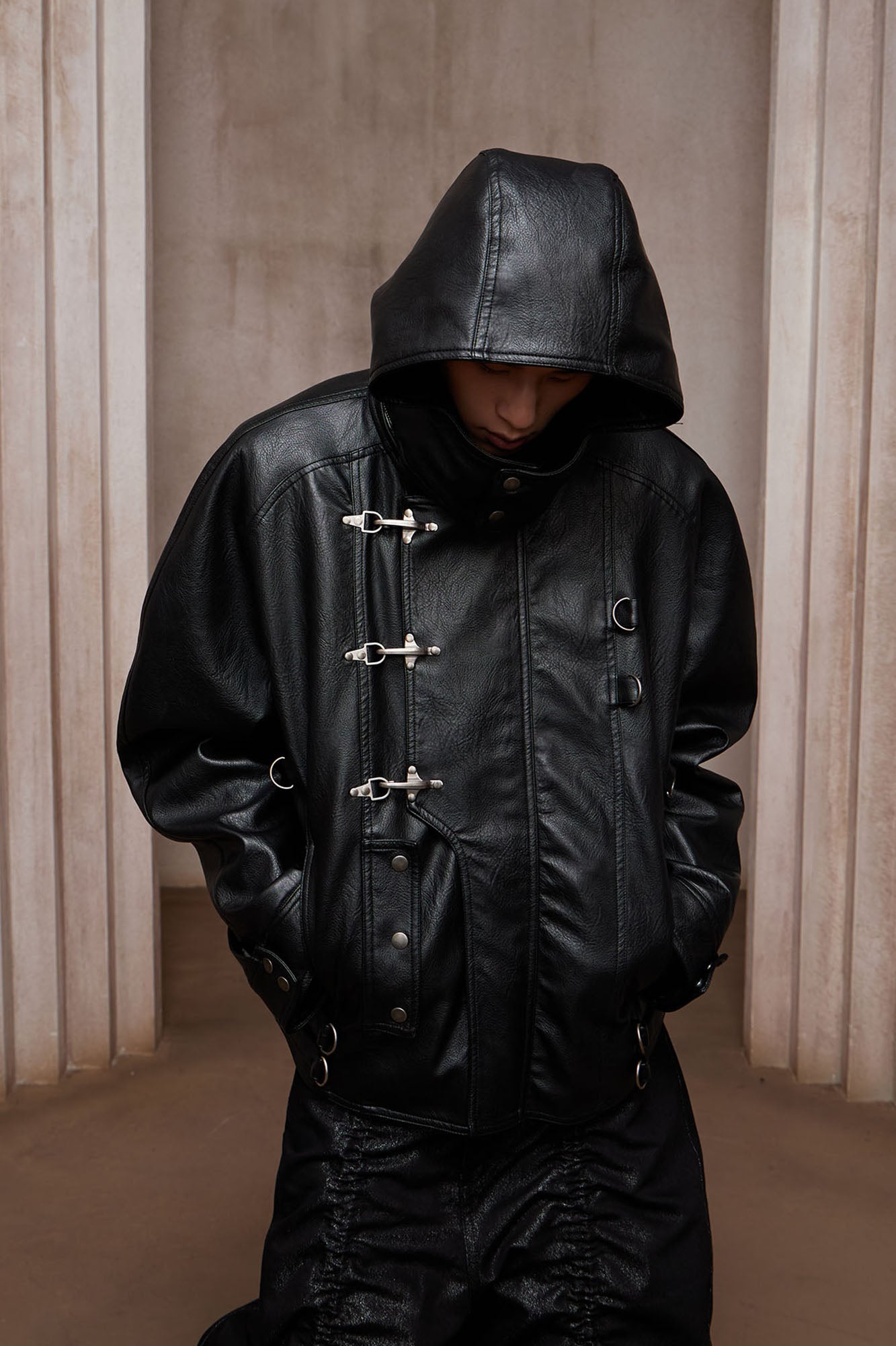 DND4DES Retro Buckle Faux Leather Hooded Jacket