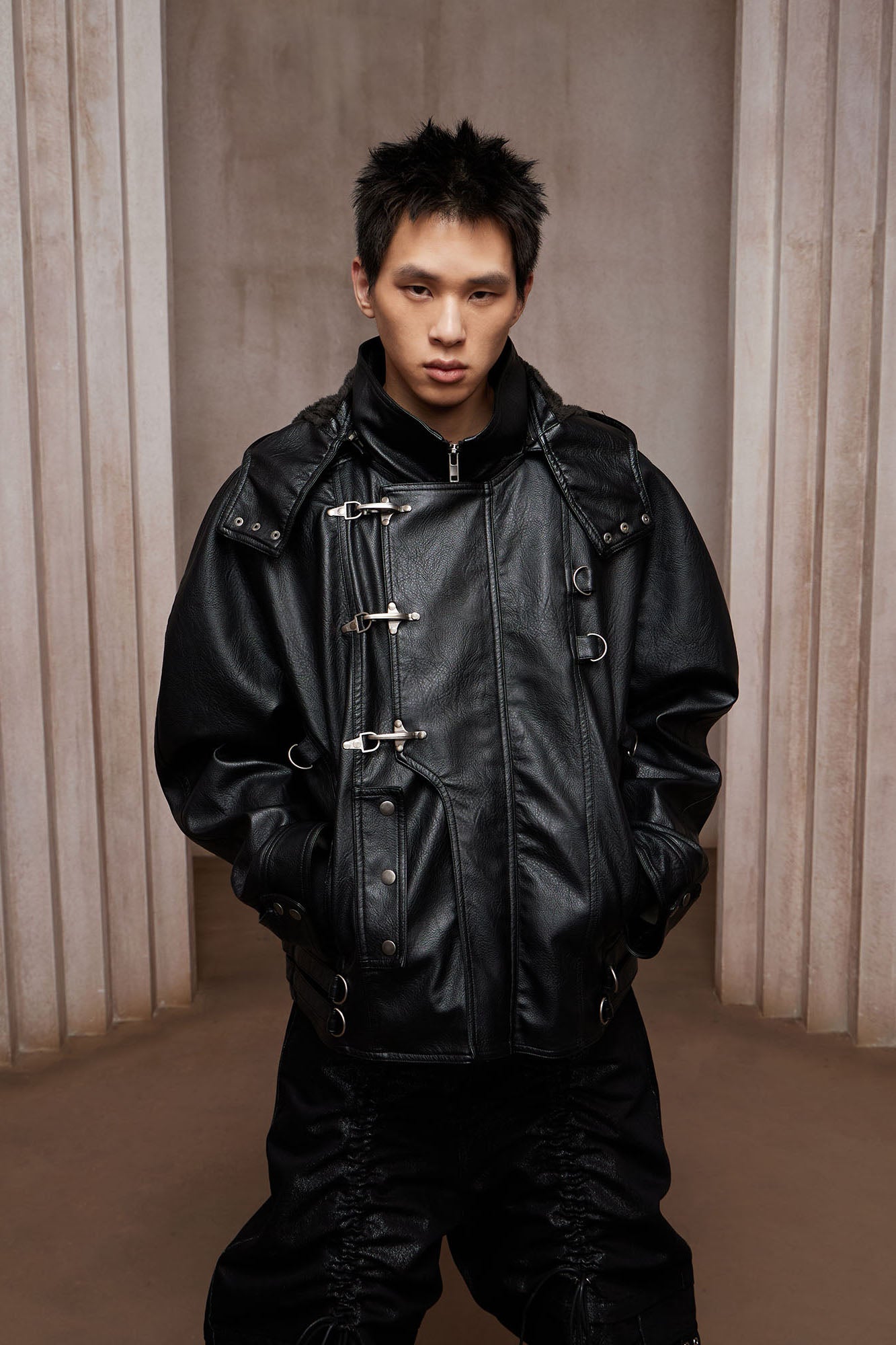 DND4DES Retro Buckle Faux Leather Hooded Jacket