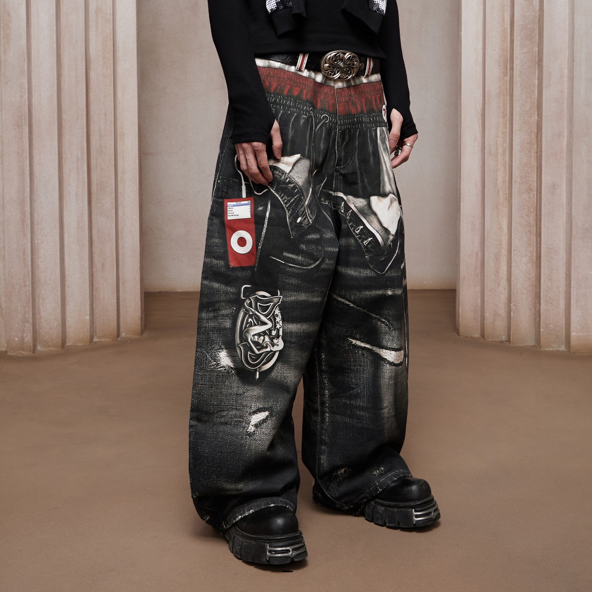 DND4DES Triple-Waist Graphic Wide-Leg Denim Pants