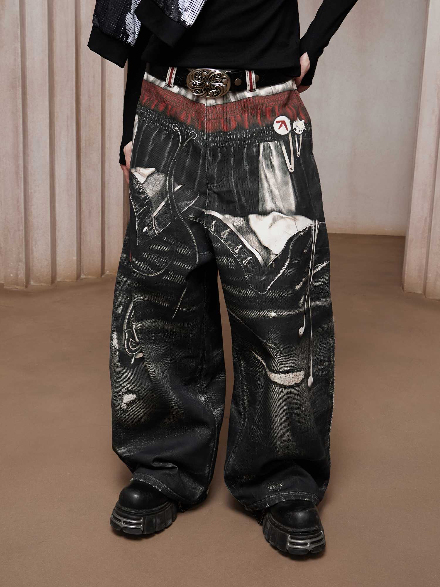 DND4DES Triple-Waist Graphic Wide-Leg Denim Pants
