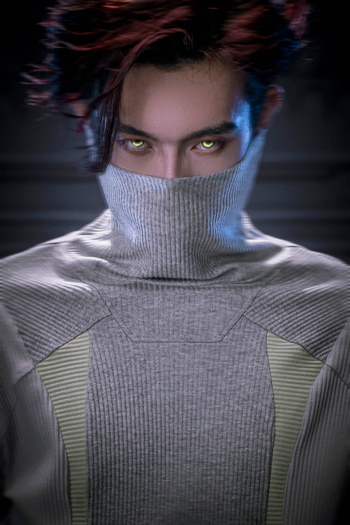 XIPHEVIL Ribbed Paneled Turtleneck Long-Sleeve Tee Grey, premium urban and streetwear designers apparel on PROJECTISR.com, XIPHEVIL