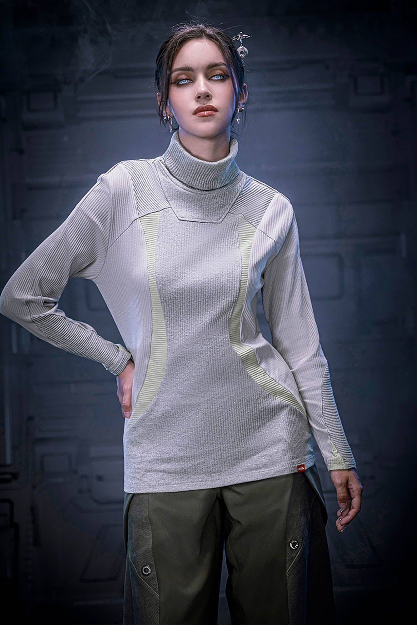 XIPHEVIL Ribbed Paneled Turtleneck Long-Sleeve Tee Grey, premium urban and streetwear designers apparel on PROJECTISR.com, XIPHEVIL