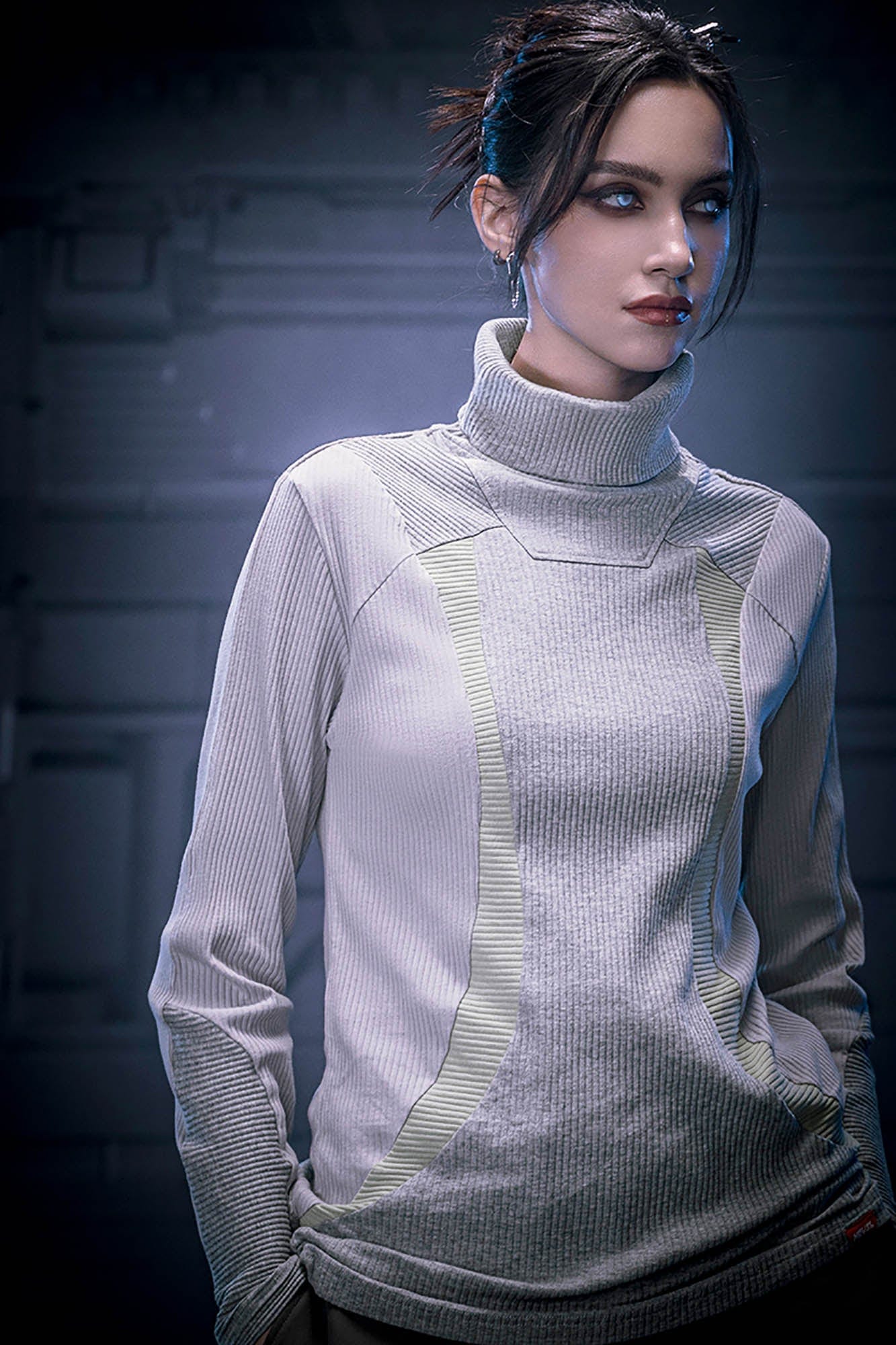 XIPHEVIL Ribbed Paneled Turtleneck Long-Sleeve Tee Grey, premium urban and streetwear designers apparel on PROJECTISR.com, XIPHEVIL
