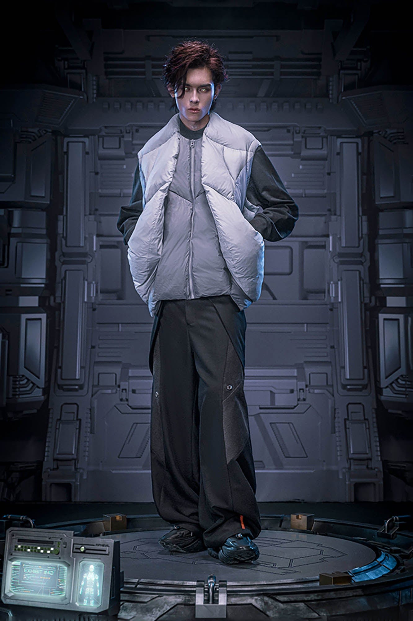 XIPHEVIL Exoskeleton Detachable-Sleeve Paneled Puffer Jacket, premium urban and streetwear designers apparel on PROJECTISR.com, XIPHEVIL