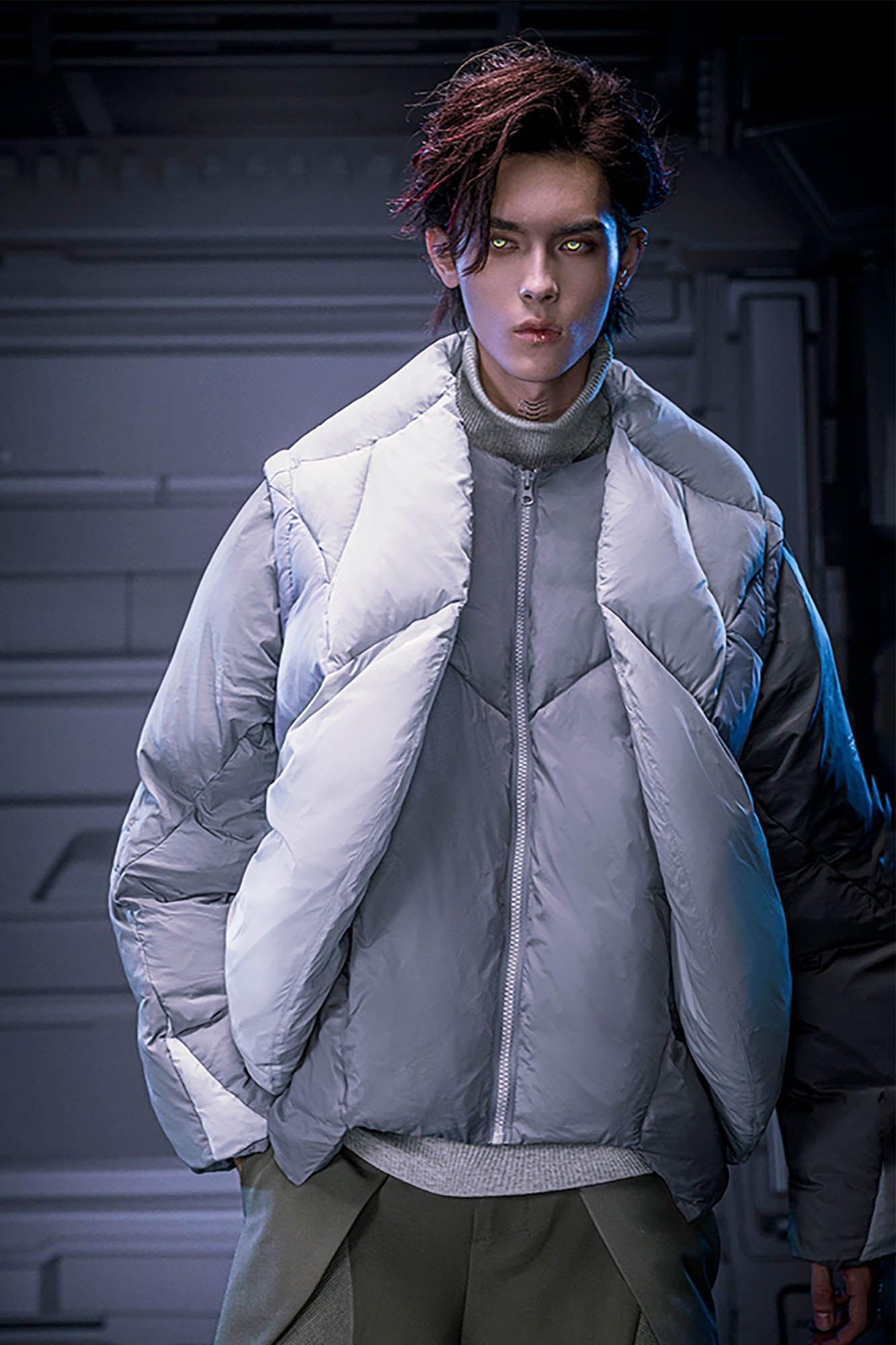 XIPHEVIL Exoskeleton Detachable-Sleeve Paneled Puffer Jacket, premium urban and streetwear designers apparel on PROJECTISR.com, XIPHEVIL