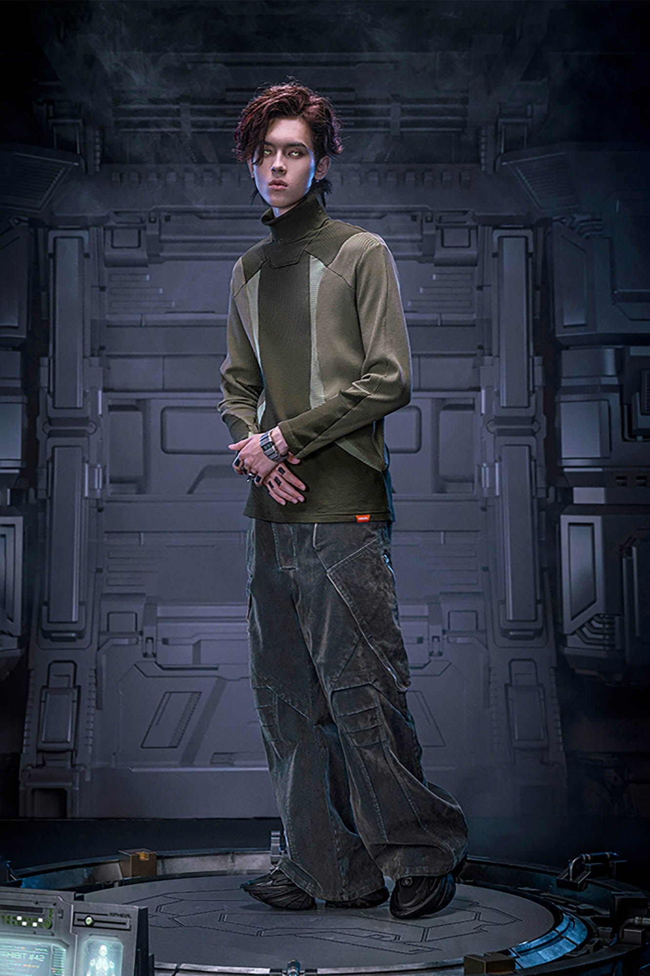 XIPHEVIL Ribbed Paneled Turtleneck Long-Sleeve Tee Green, premium urban and streetwear designers apparel on PROJECTISR.com, XIPHEVIL