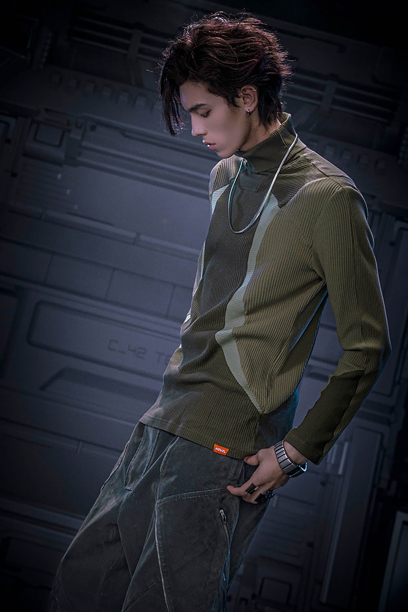 XIPHEVIL Ribbed Paneled Turtleneck Long-Sleeve Tee Green, premium urban and streetwear designers apparel on PROJECTISR.com, XIPHEVIL