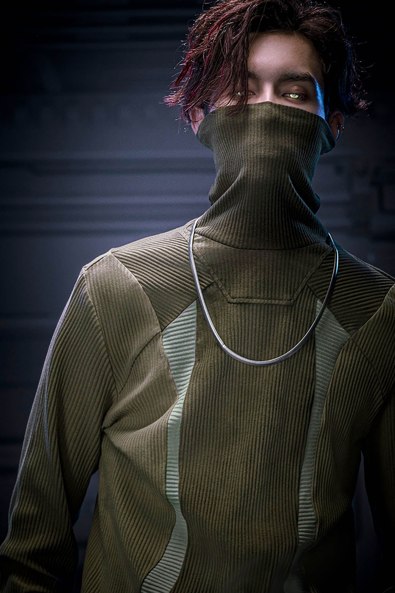 XIPHEVIL Ribbed Paneled Turtleneck Long-Sleeve Tee Green, premium urban and streetwear designers apparel on PROJECTISR.com, XIPHEVIL