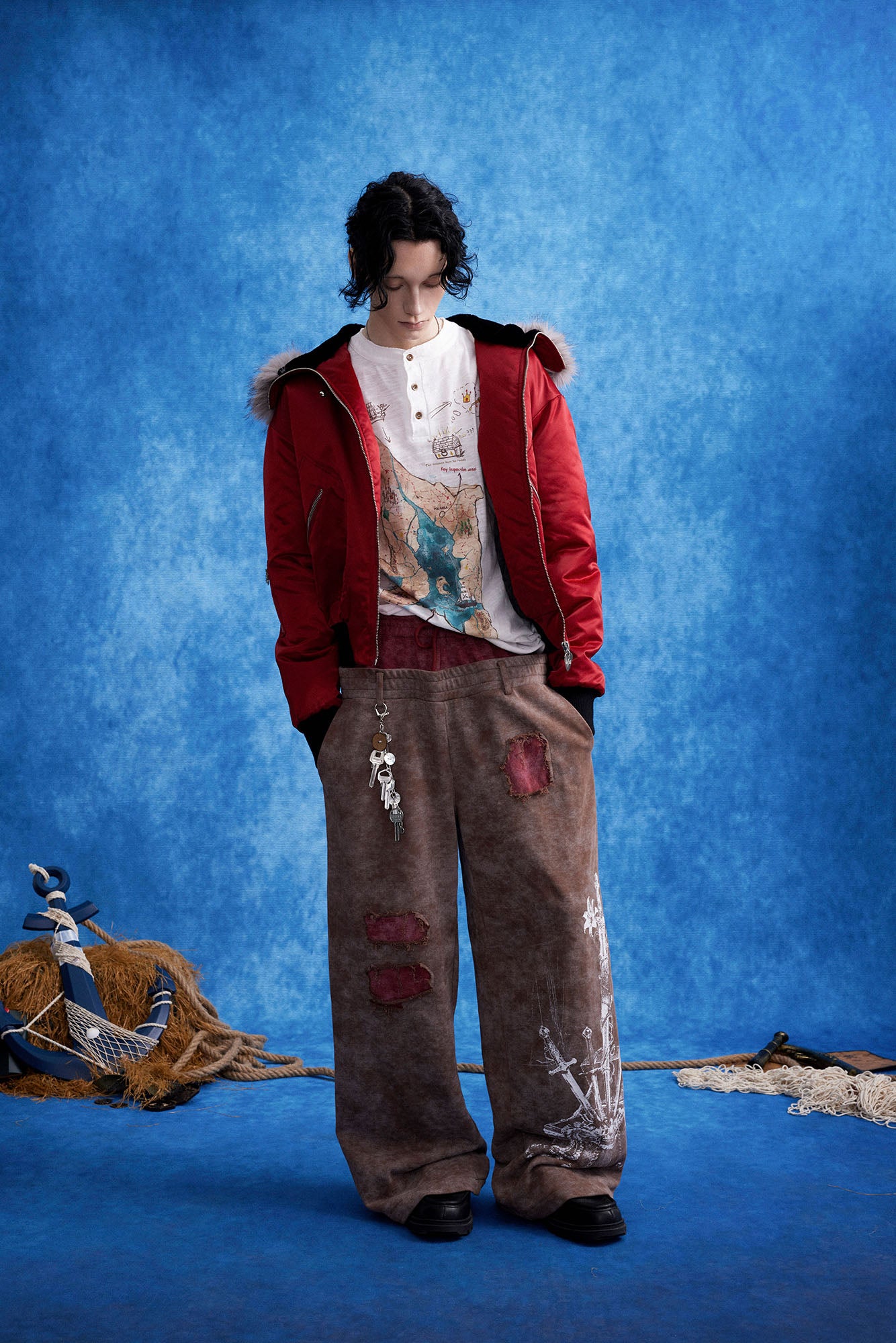 OIPWORD Distressed Ship Graphic Double-Waist Pants