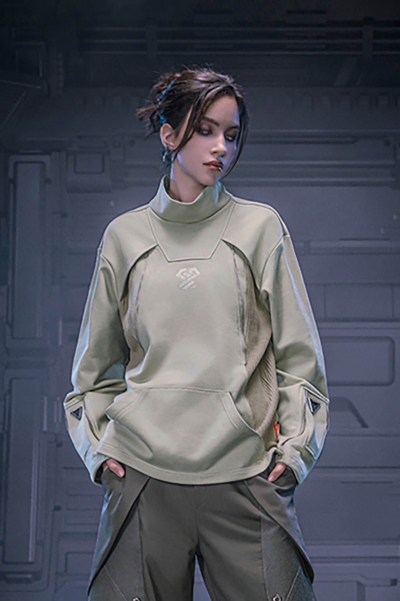XIPHEVIL Mesh Paneled Tactical Turtleneck Sweatshirt Green, premium urban and streetwear designers apparel on PROJECTISR.com, XIPHEVIL