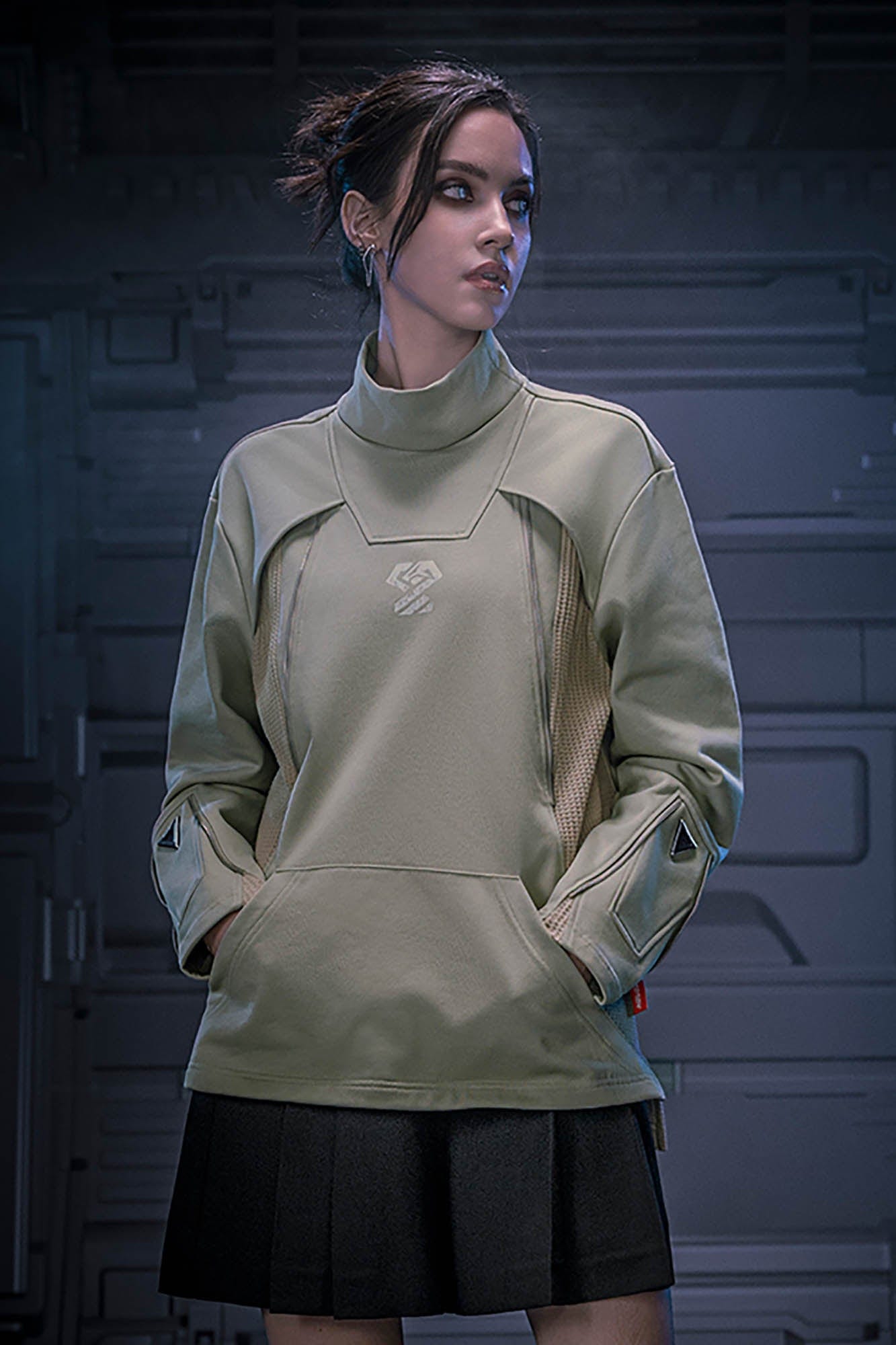 XIPHEVIL Mesh Paneled Tactical Turtleneck Sweatshirt Green, premium urban and streetwear designers apparel on PROJECTISR.com, XIPHEVIL