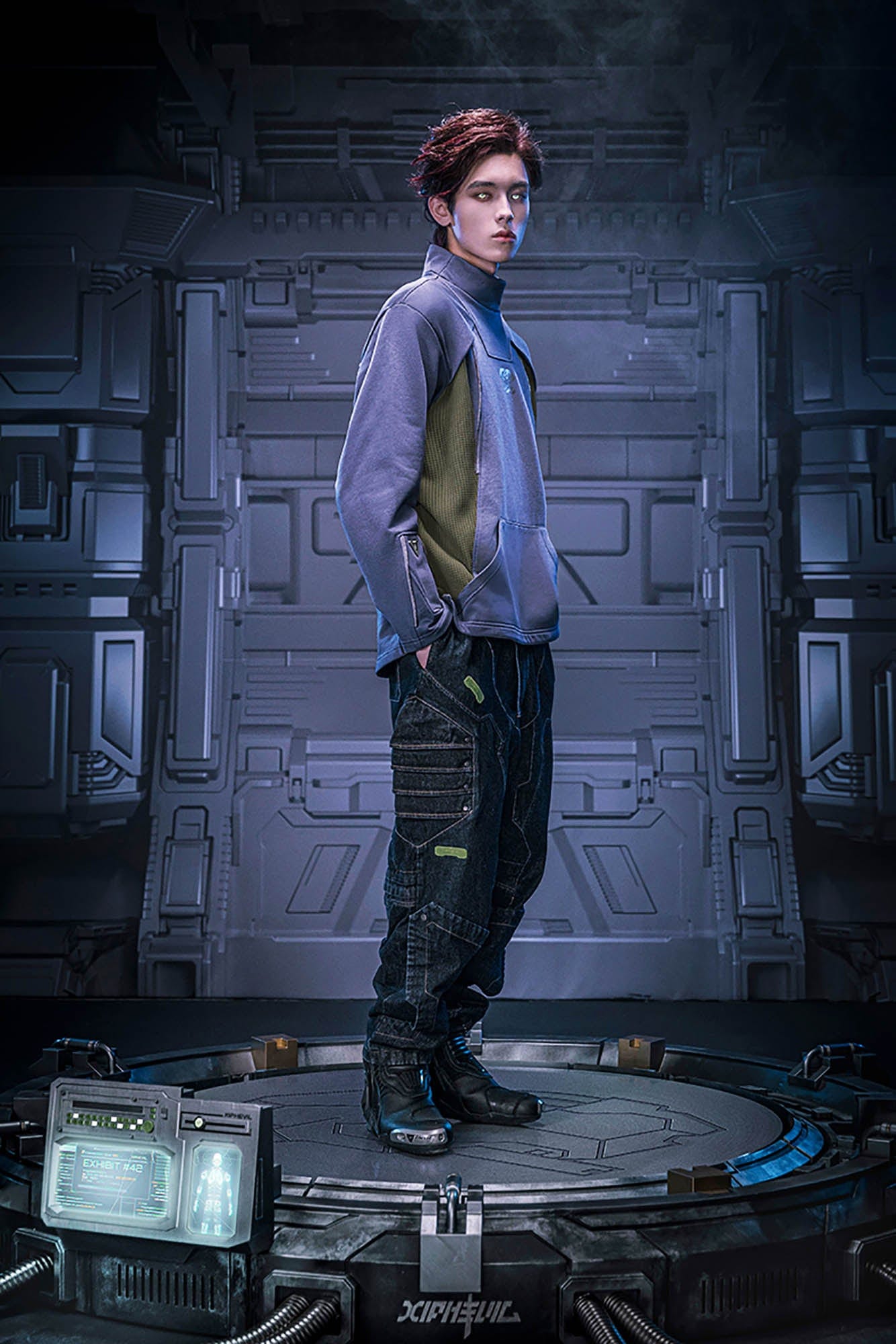 XIPHEVIL Mesh Paneled Tactical Turtleneck Sweatshirt Blue, premium urban and streetwear designers apparel on PROJECTISR.com, XIPHEVIL
