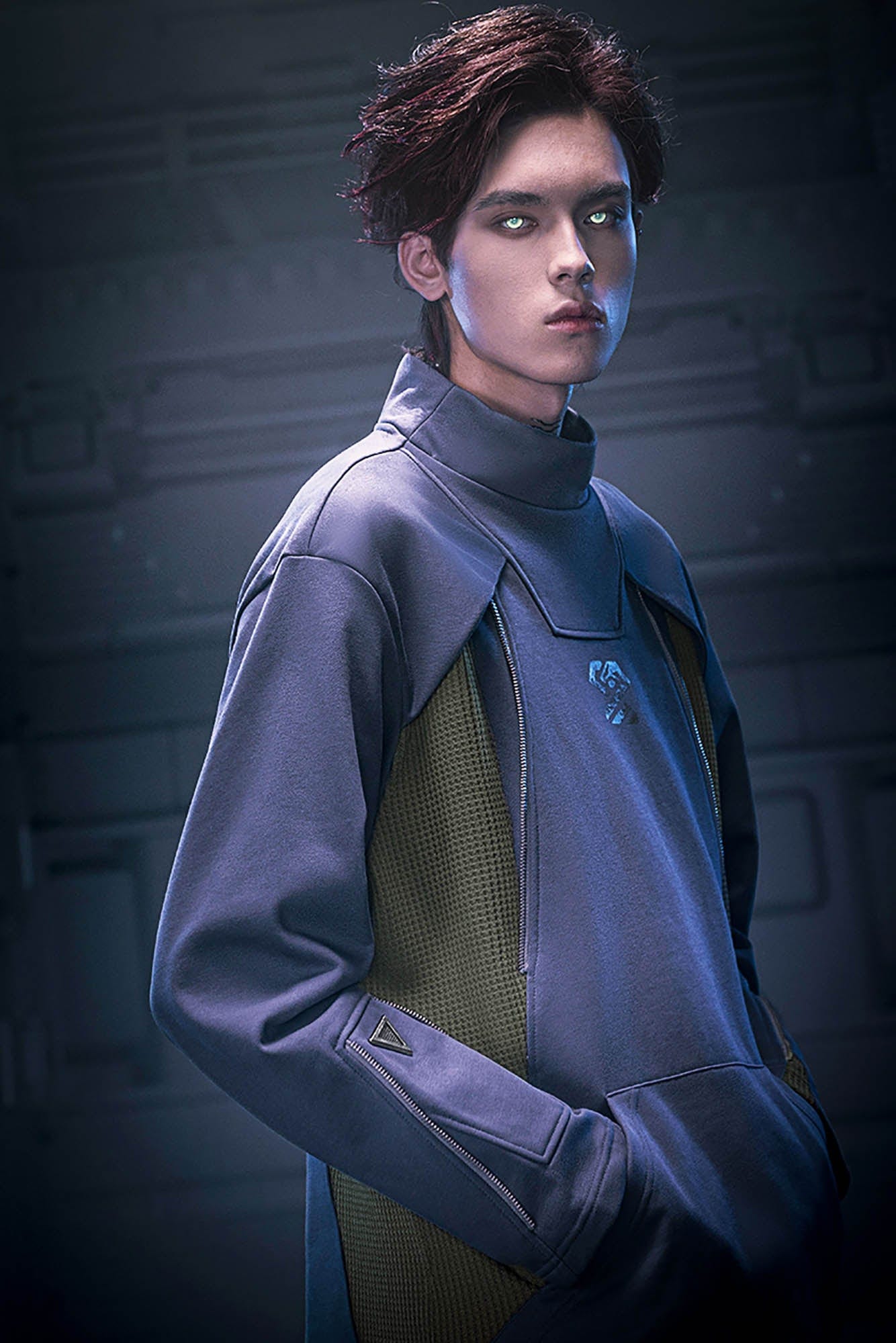 XIPHEVIL Mesh Paneled Tactical Turtleneck Sweatshirt Blue, premium urban and streetwear designers apparel on PROJECTISR.com, XIPHEVIL