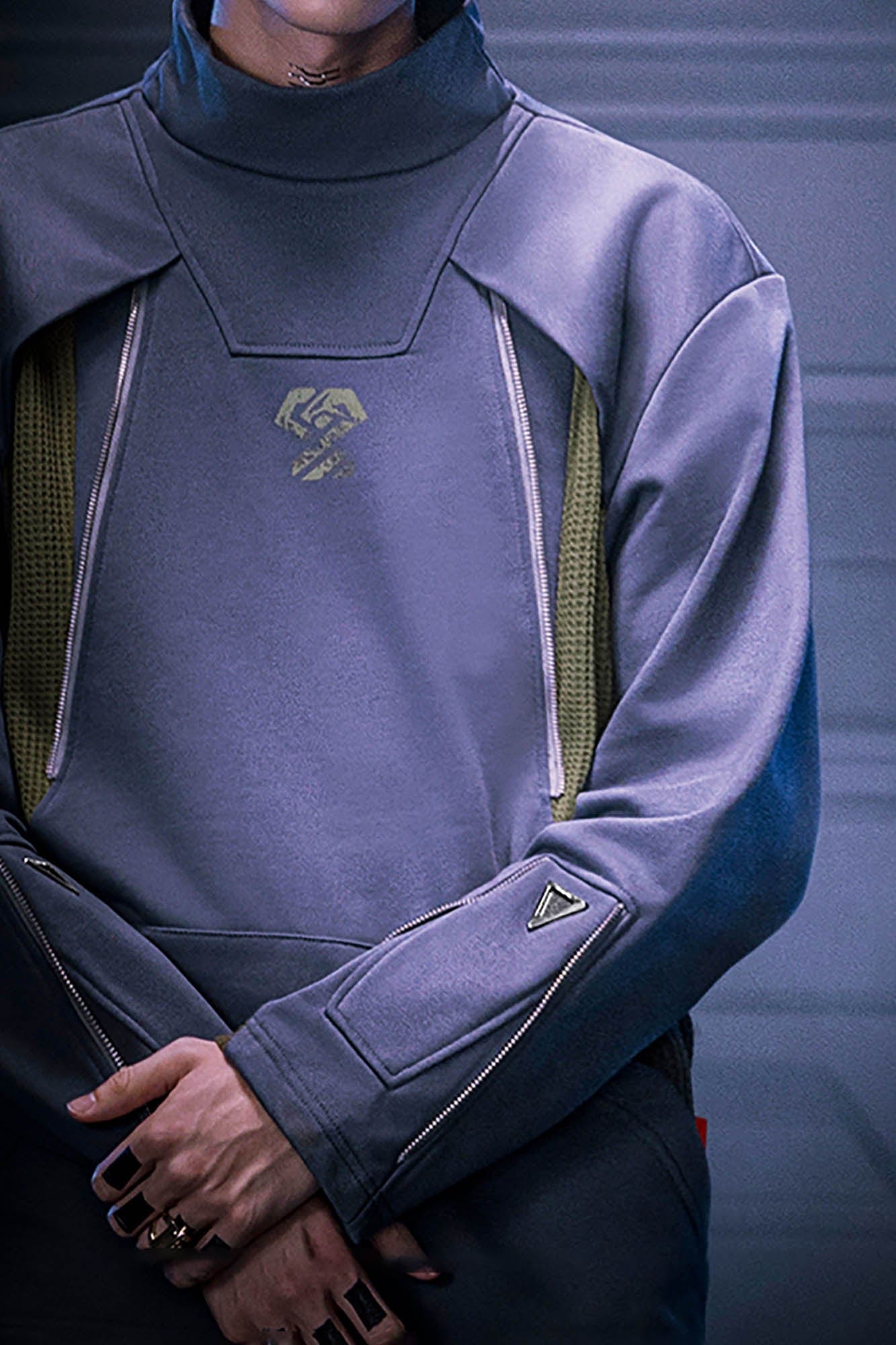 XIPHEVIL Mesh Paneled Tactical Turtleneck Sweatshirt Blue, premium urban and streetwear designers apparel on PROJECTISR.com, XIPHEVIL