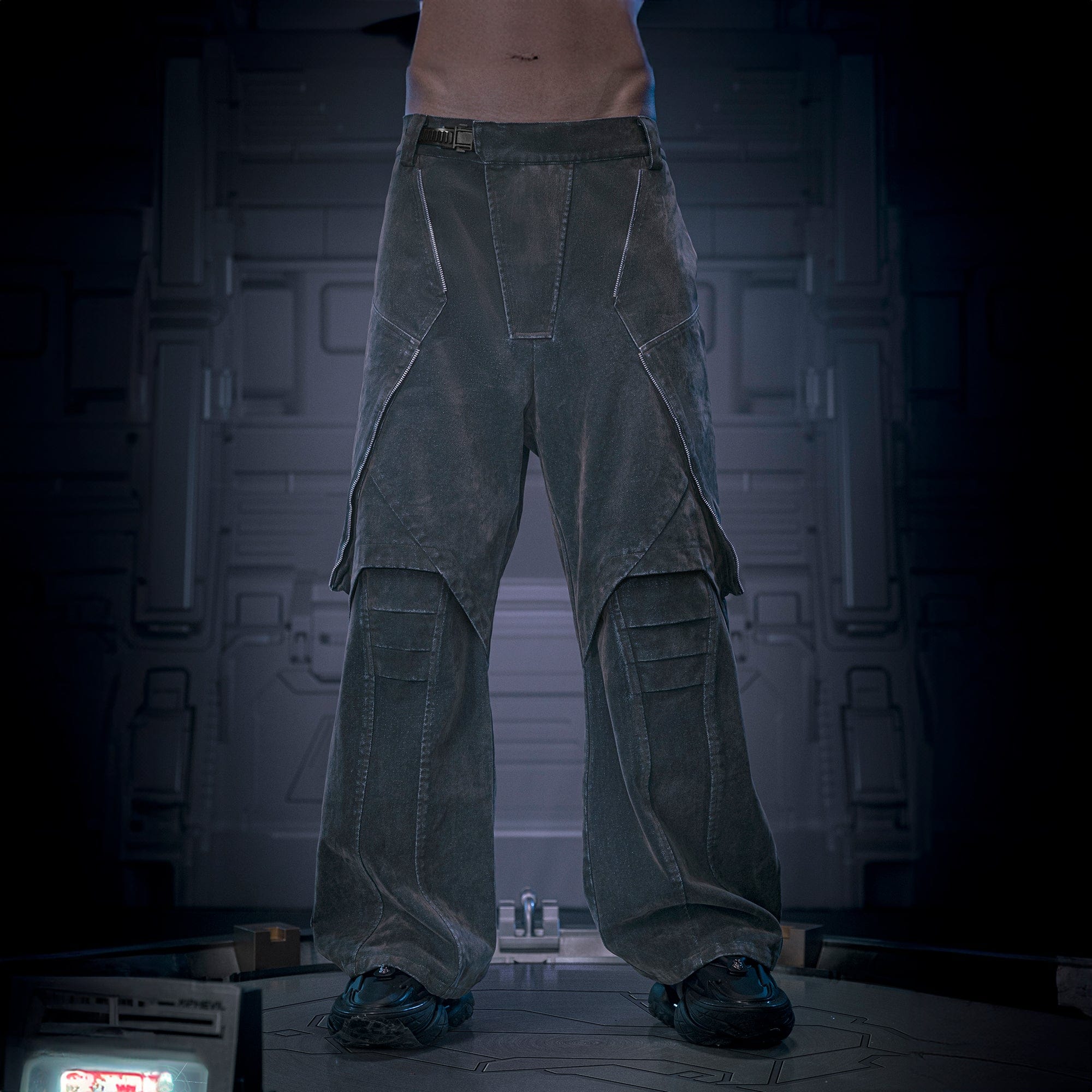 XIPHEVIL Layered Paneled Robotic Wide-Leg Pants, premium urban and streetwear designers apparel on PROJECTISR.com, XIPHEVIL