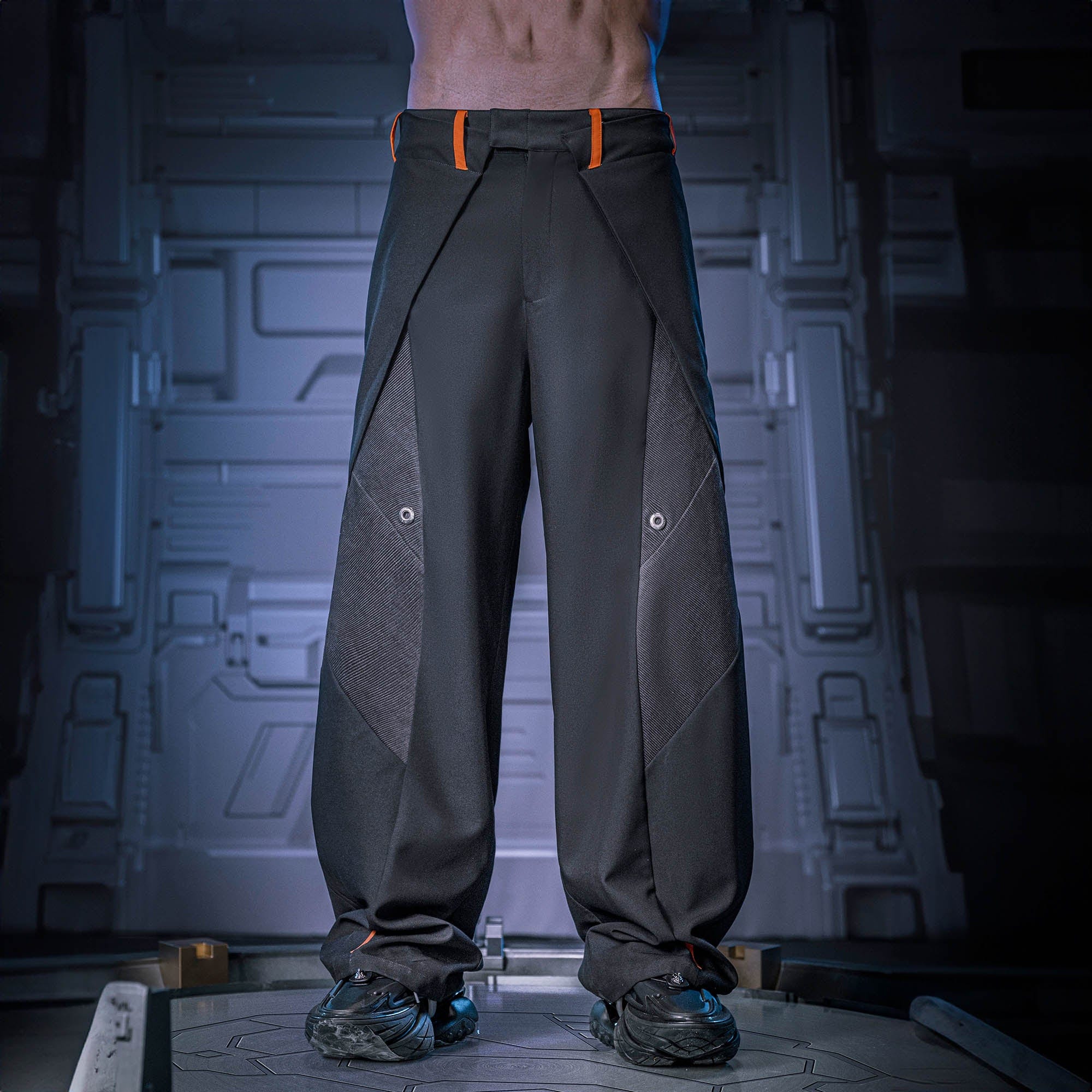 XIPHEVIL Mech Paneled Utility Wide-Leg Pants Black, premium urban and streetwear designers apparel on PROJECTISR.com, XIPHEVIL