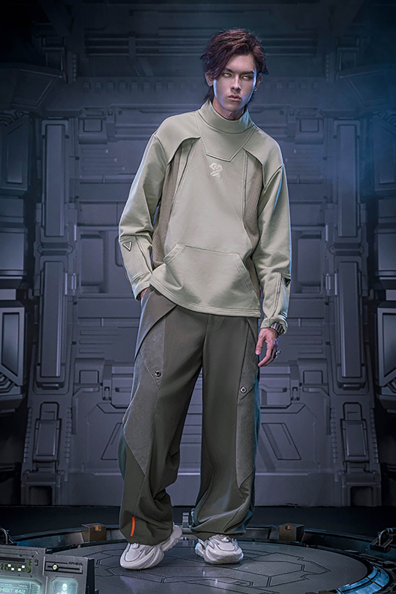 XIPHEVIL Mesh Paneled Tactical Turtleneck Sweatshirt Green, premium urban and streetwear designers apparel on PROJECTISR.com, XIPHEVIL
