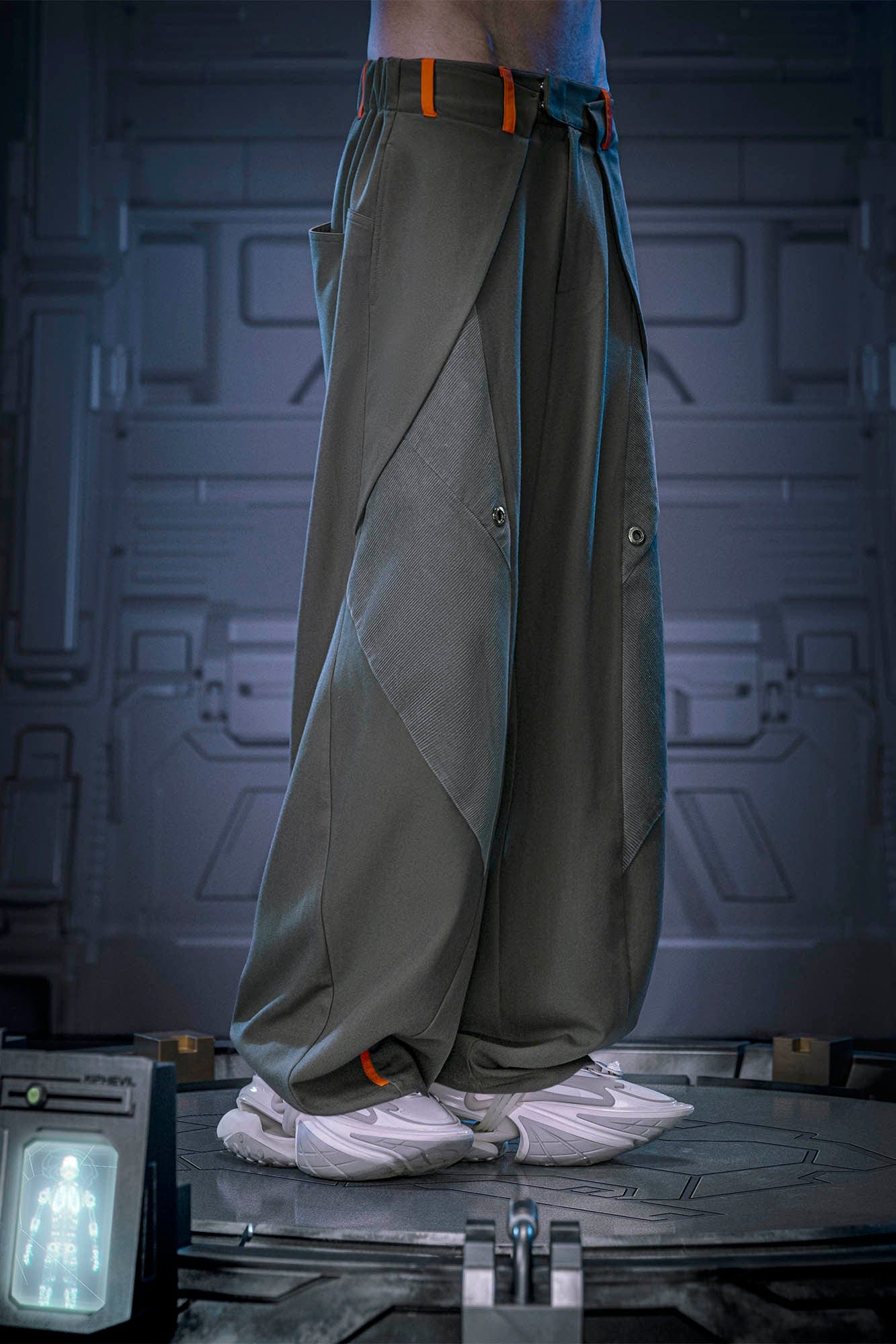 XIPHEVIL Mech Paneled Utility Wide-Leg Pants Grey, premium urban and streetwear designers apparel on PROJECTISR.com, XIPHEVIL