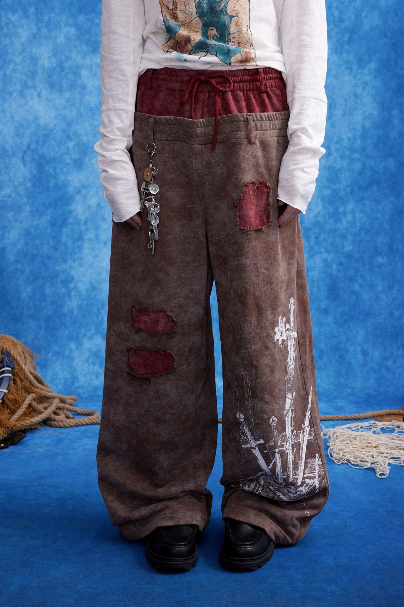 OIPWORD Distressed Ship Graphic Double-Waist Pants