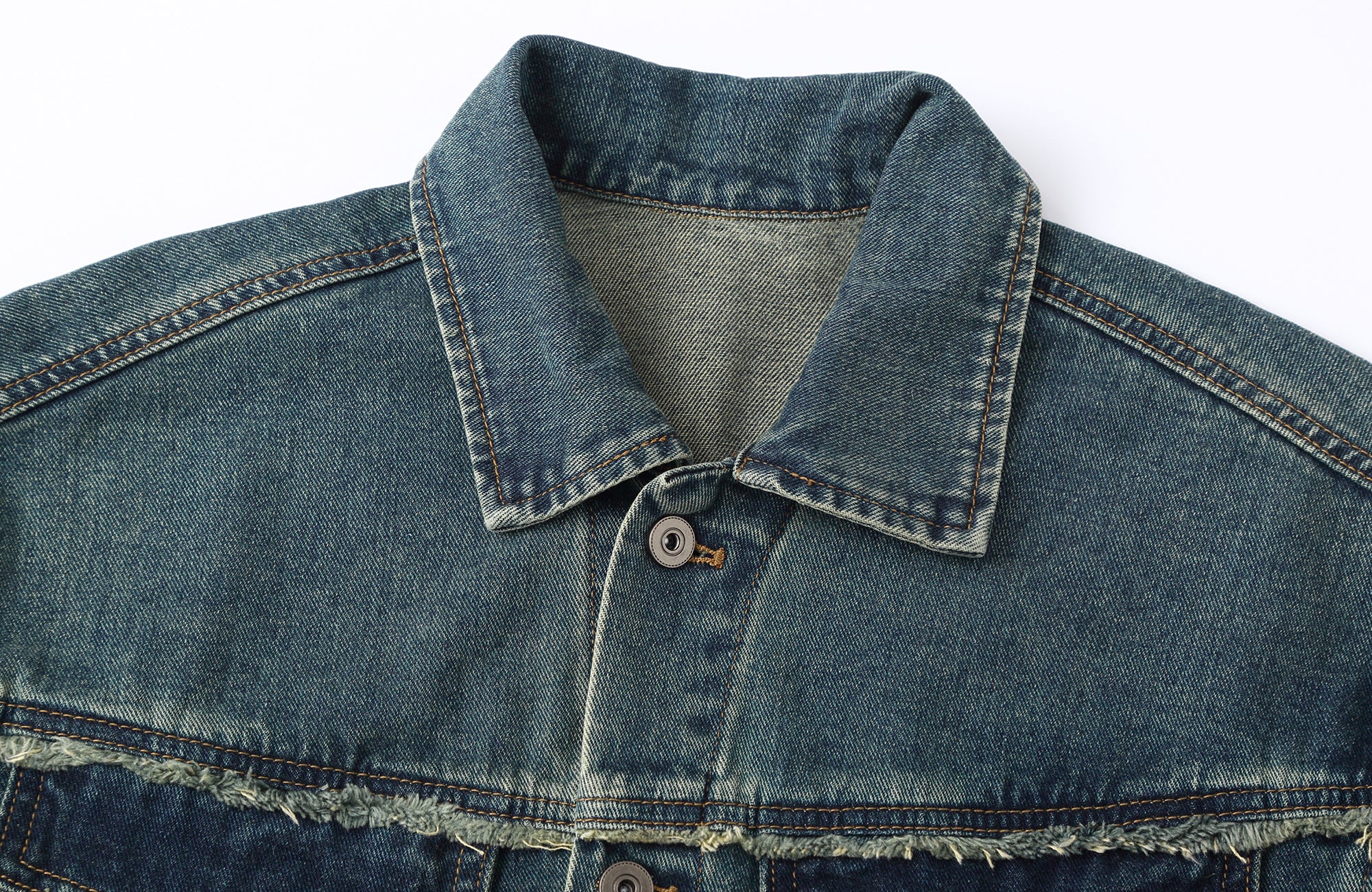 CLP Frayed Paneled Washed Denim Jacket, premium urban and streetwear designers apparel on PROJECTISR.com, CLP