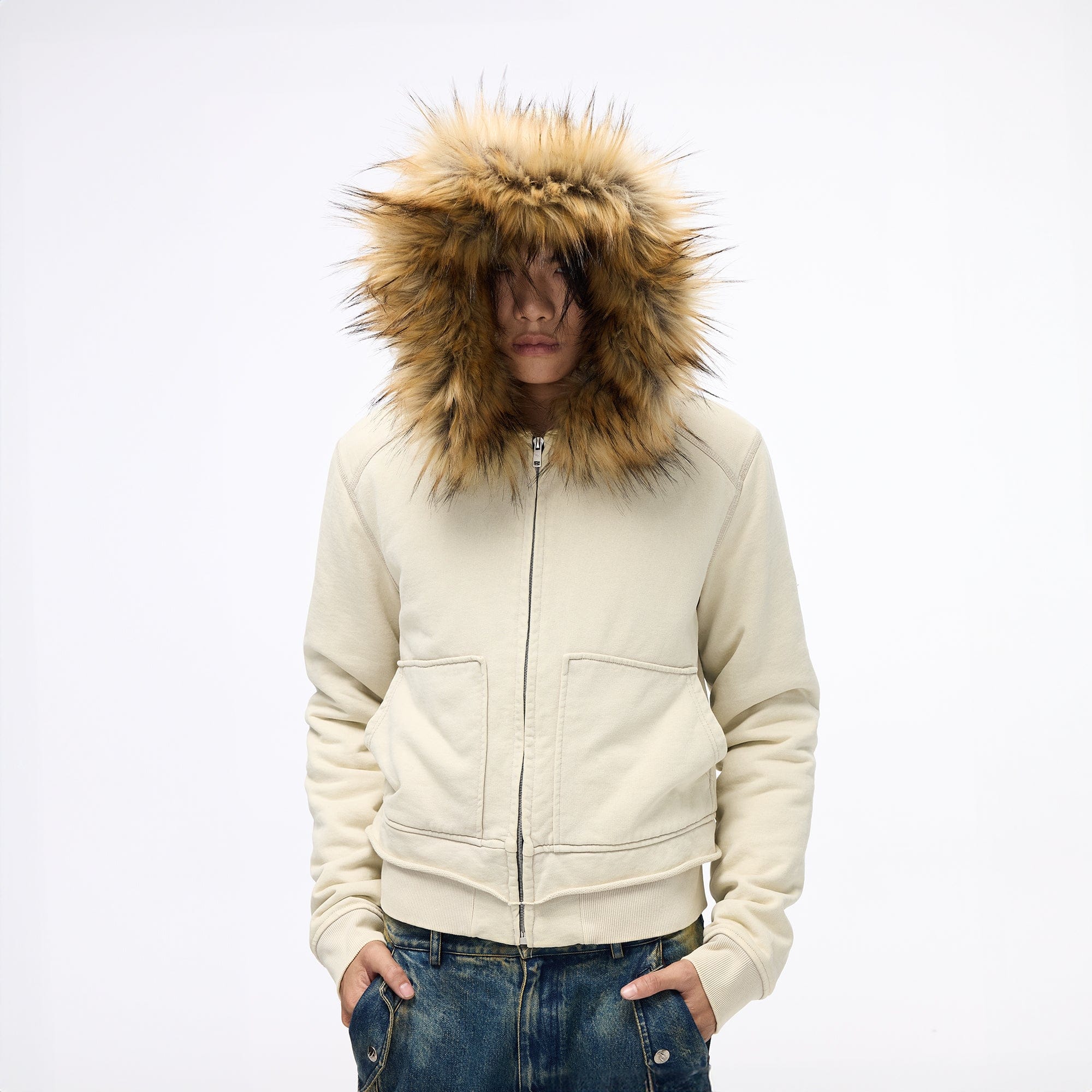 WHISTLEHUNTER Distressed Detachable Faux Fur Collar Padded Jacket, premium urban and streetwear designers apparel on PROJECTISR.com, WHISTLEHUNTER