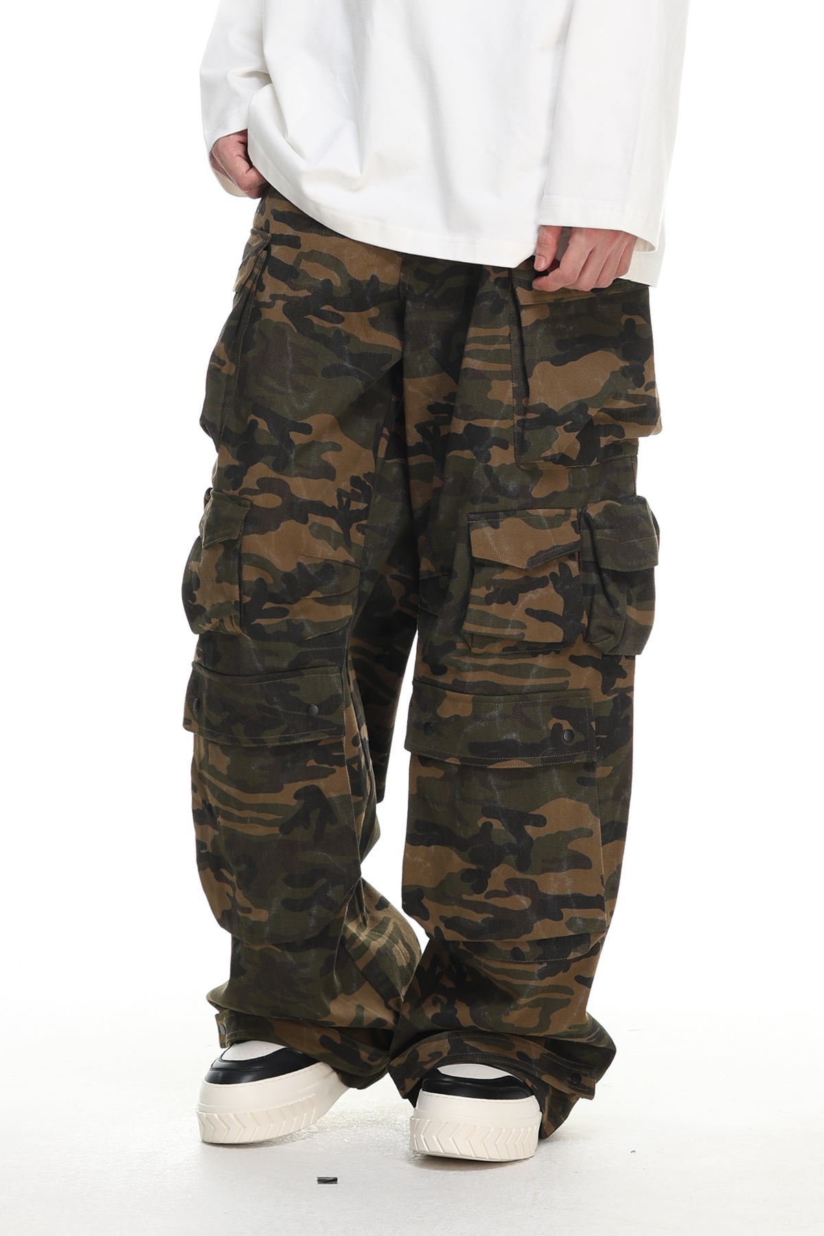 ARDENCODE Camo Multi-Pocket Wide-Leg Cargo Pants, premium urban and streetwear designers apparel on PROJECTISR.com, ARDENCODE