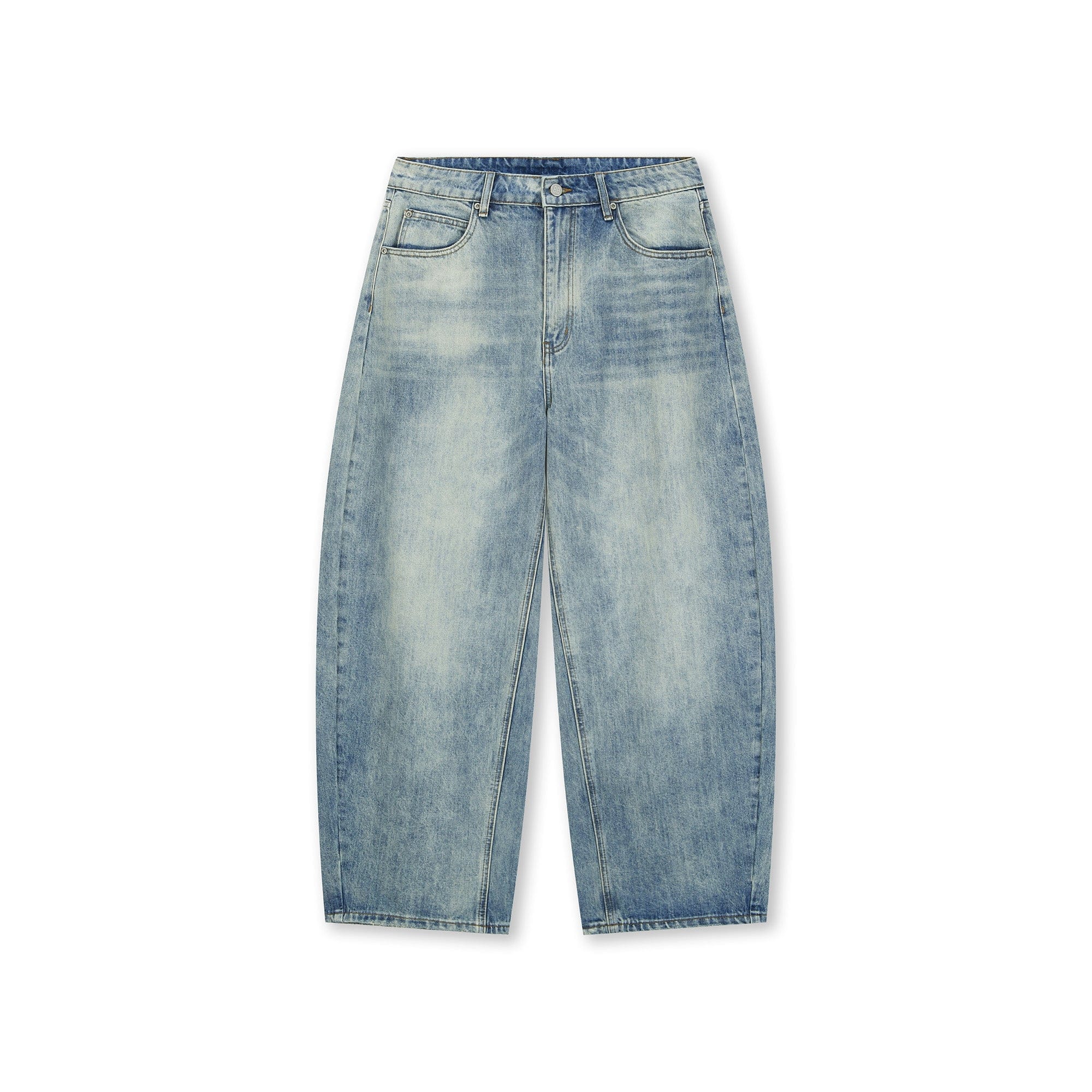 BONELESS Washed Ripped Hem Curved Baggy Jeans