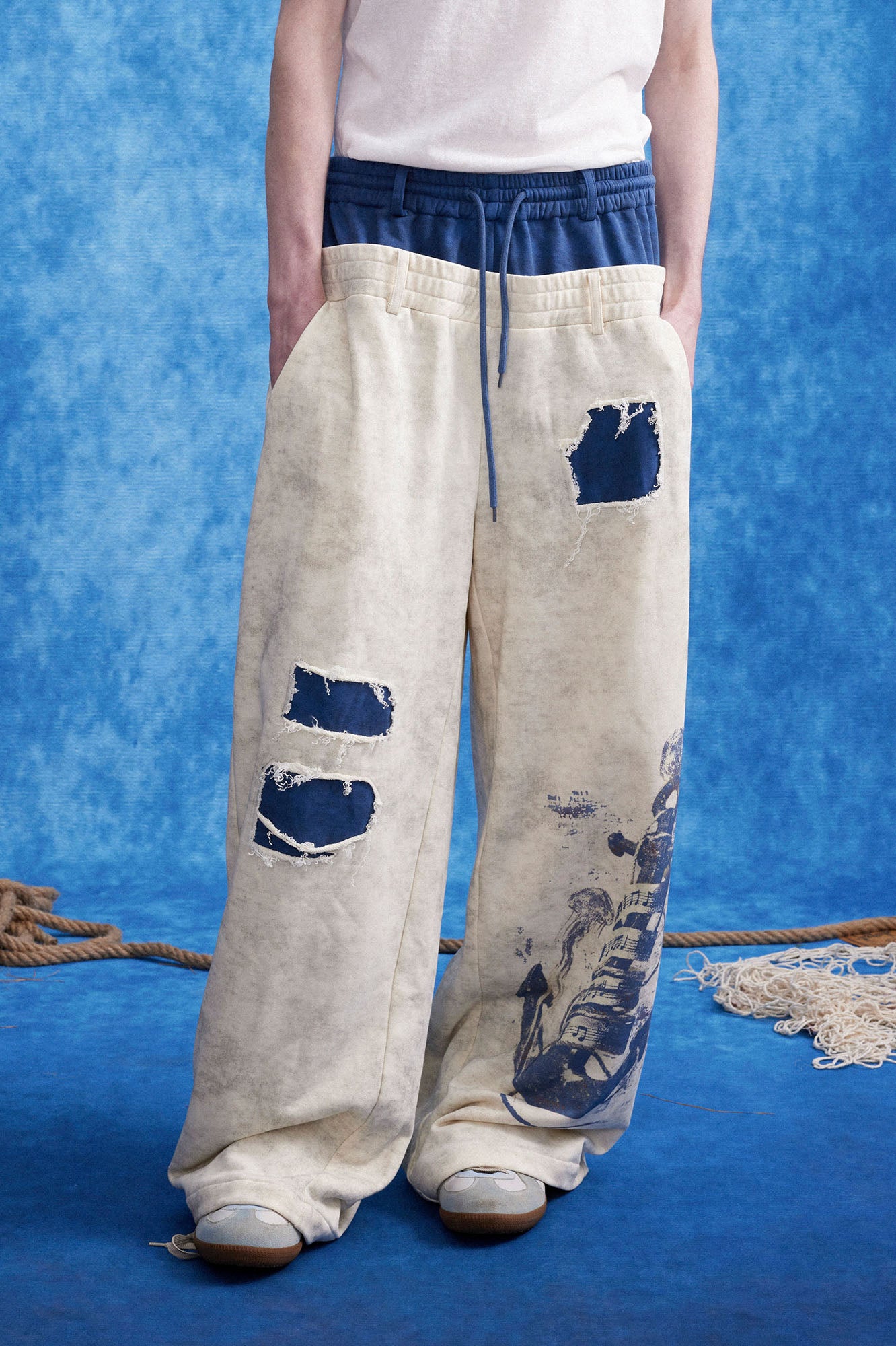 OIPWORD Distressed Ship Graphic Double-Waist Pants