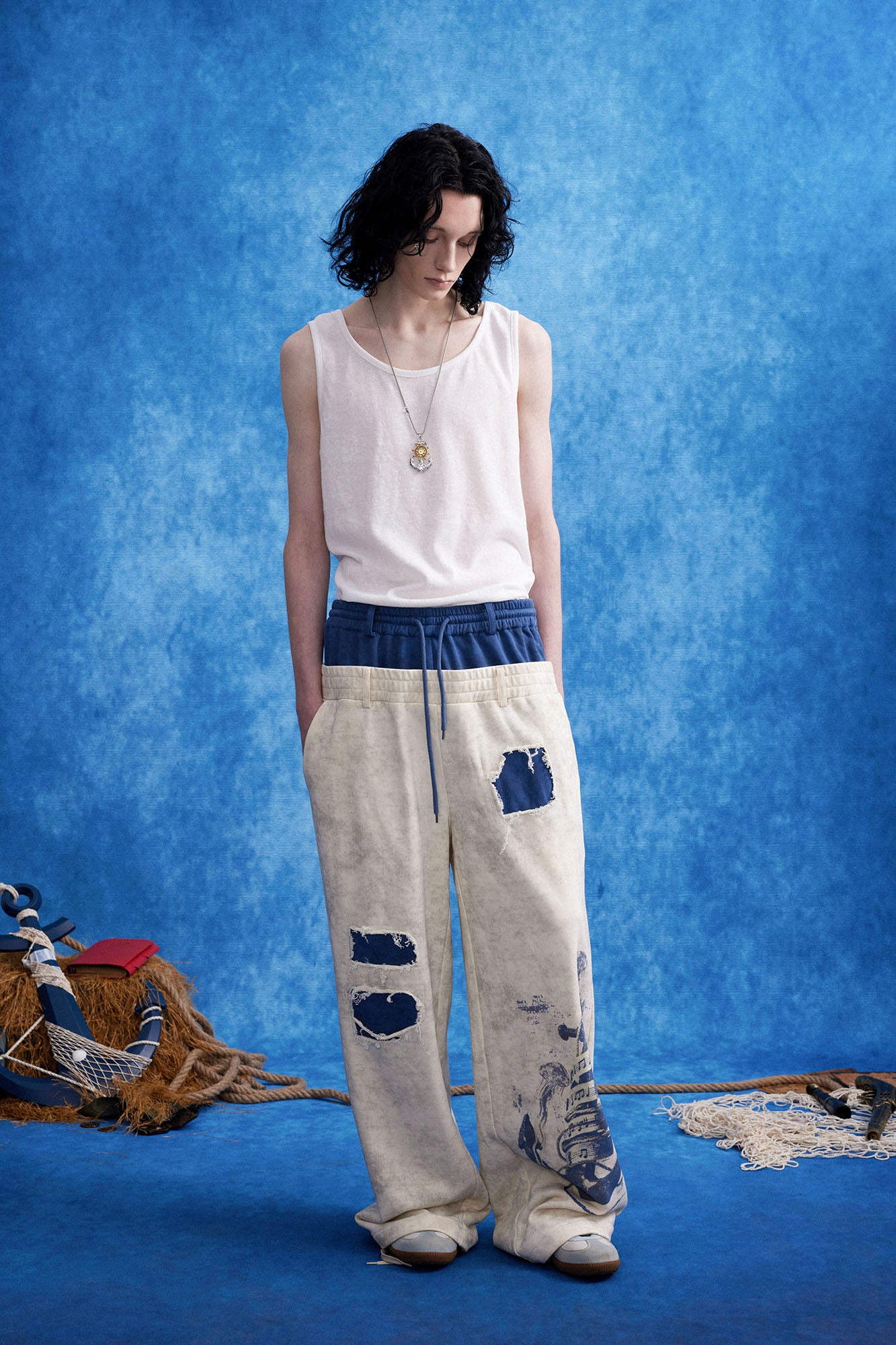 OIPWORD Distressed Ship Graphic Double-Waist Pants