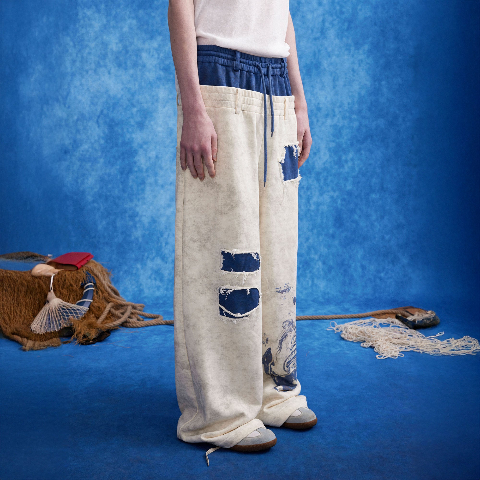 OIPWORD Distressed Ship Graphic Double-Waist Pants