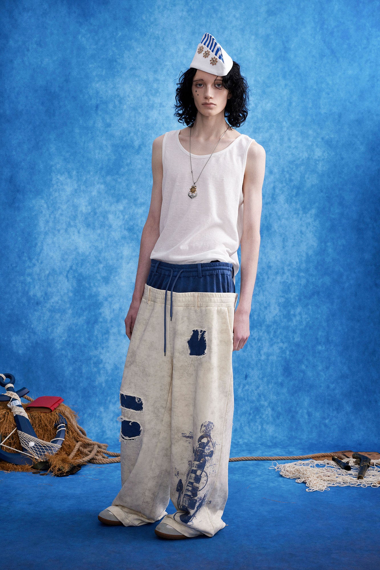OIPWORD Distressed Ship Graphic Double-Waist Pants