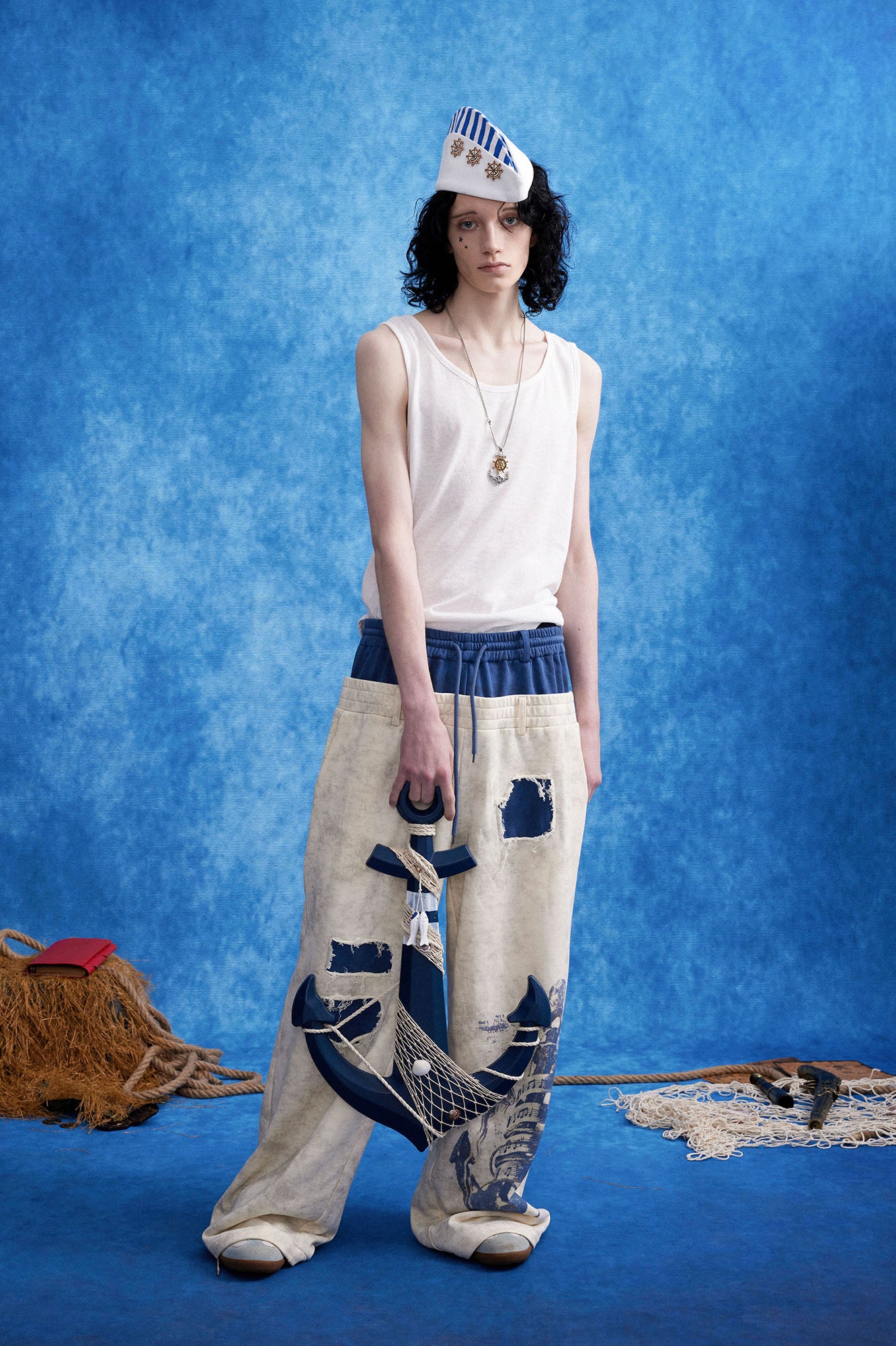 OIPWORD Distressed Ship Graphic Double-Waist Pants