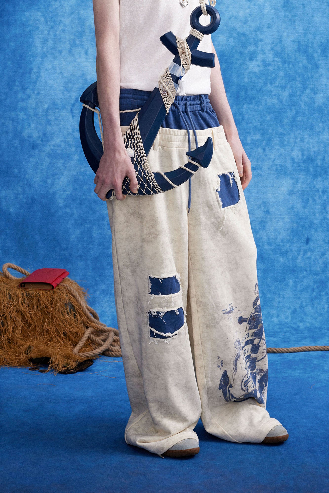 OIPWORD Distressed Ship Graphic Double-Waist Pants