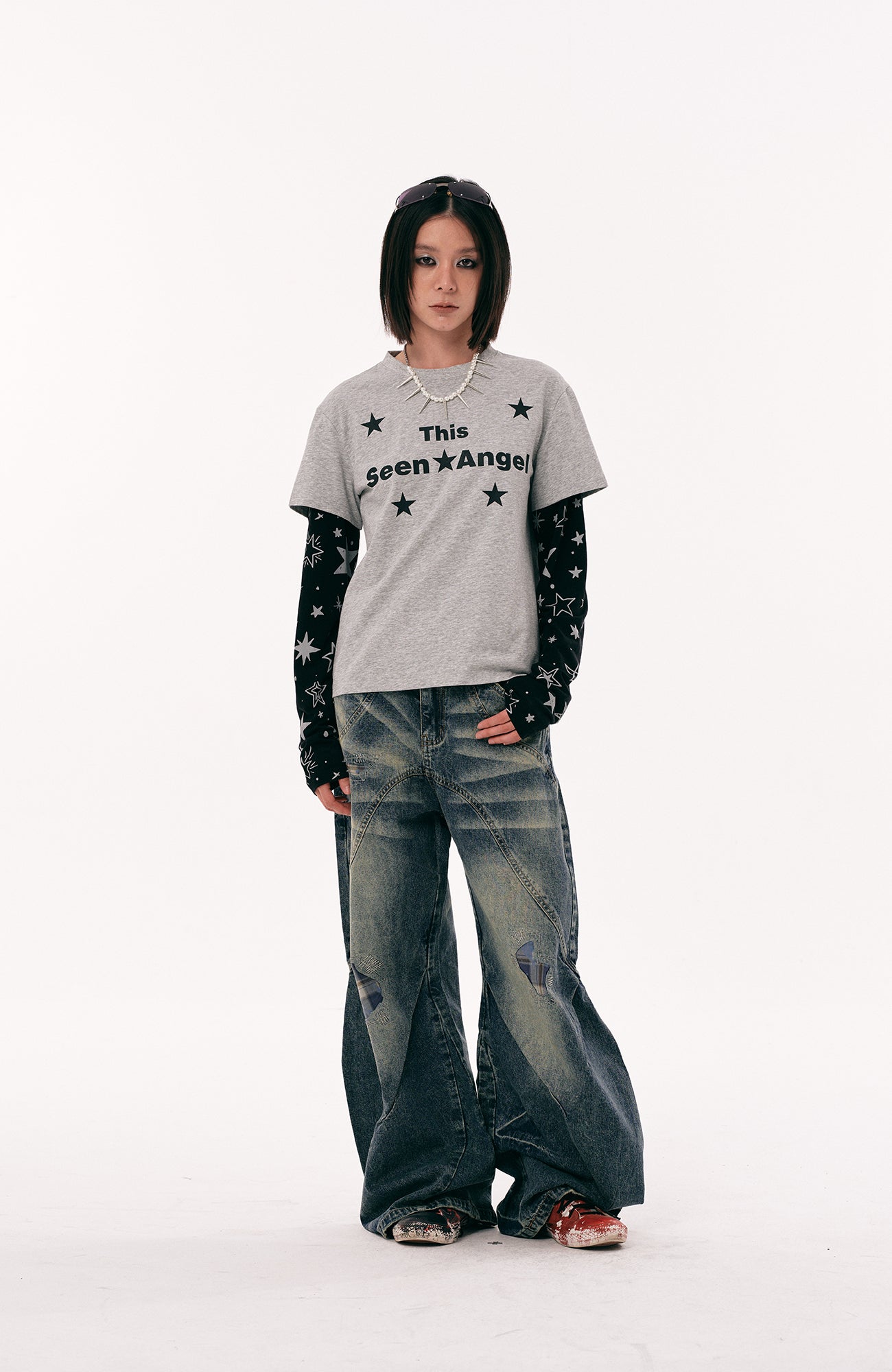 PASET Plaid Patch Distressed Wide-Leg Jeans