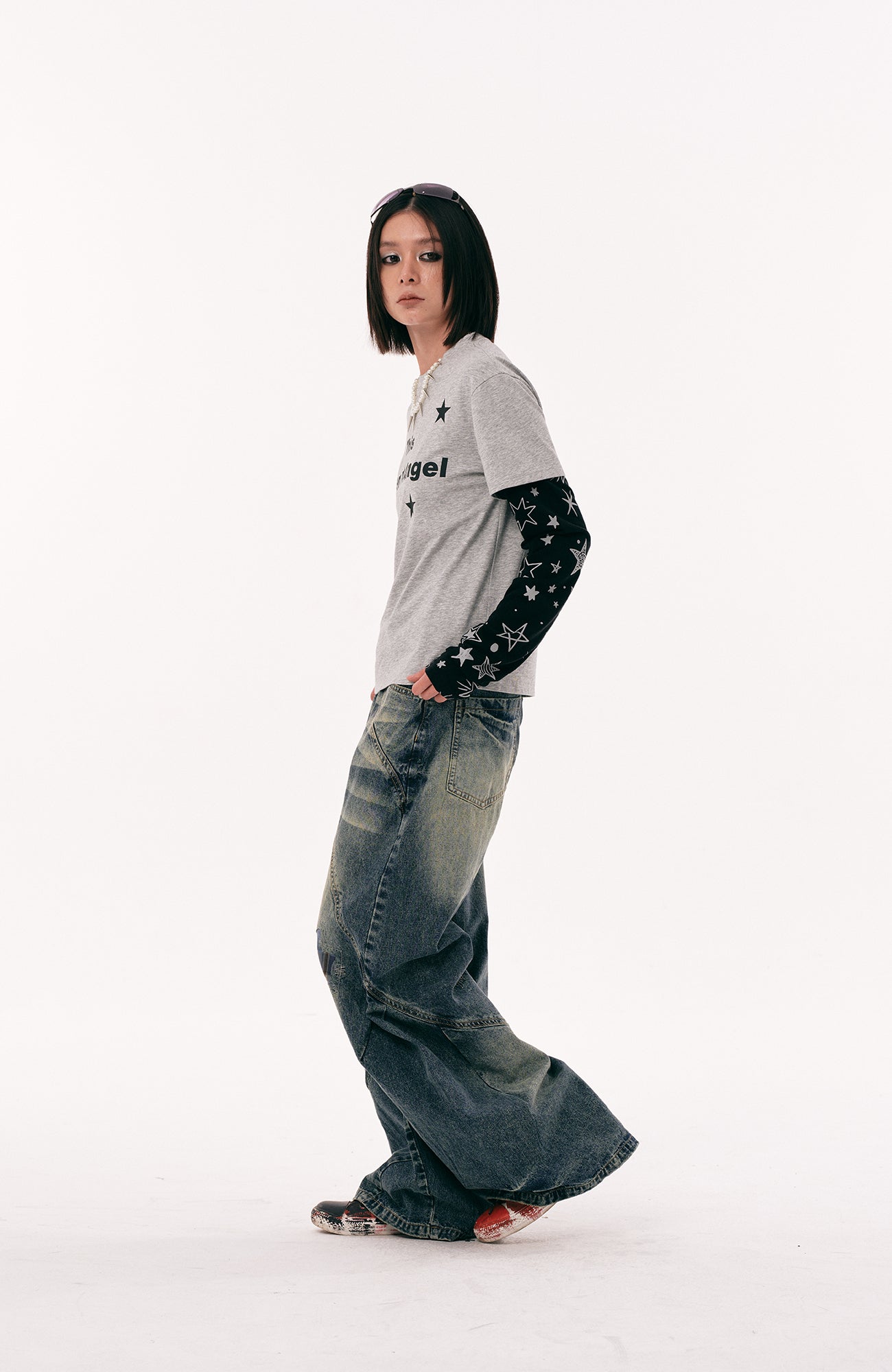 PASET Plaid Patch Distressed Wide-Leg Jeans