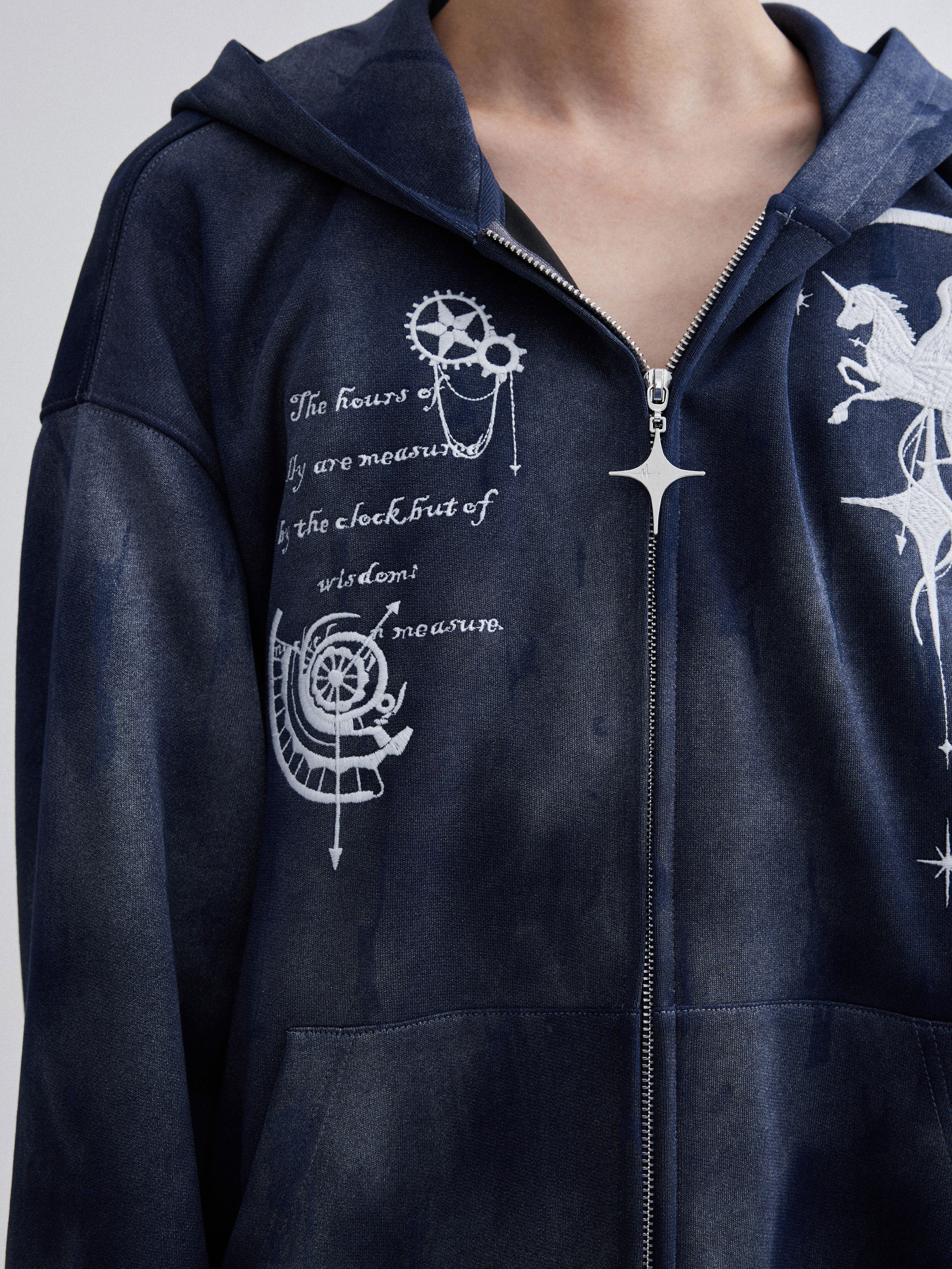 OIPWORD Embroidered Distressed Dual-Zip Hoodie