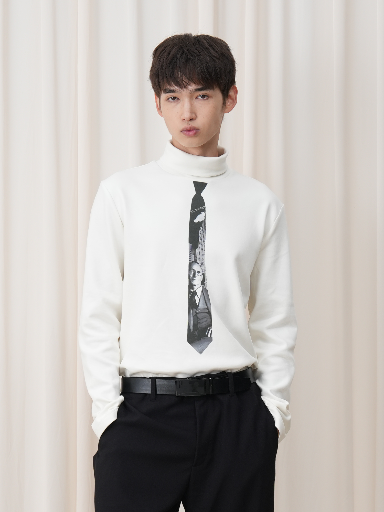 OUYANG WENJUN Tie-Graphic Turtleneck Long-Sleeve Tee