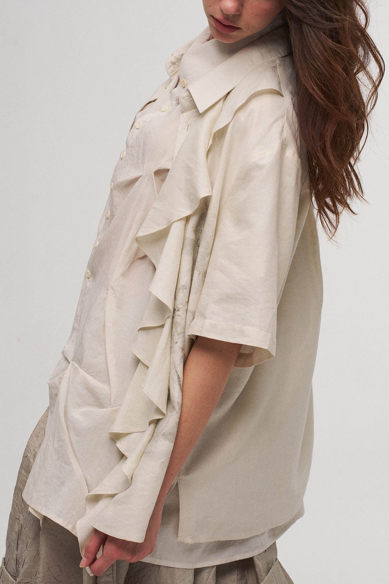 ILNya Nieternite Nifutur Asymmetrical Ruffle Iris Half Shirt, premium urban and streetwear designers apparel on PROJECTISR.com, ILNya Nieternite Nifutur